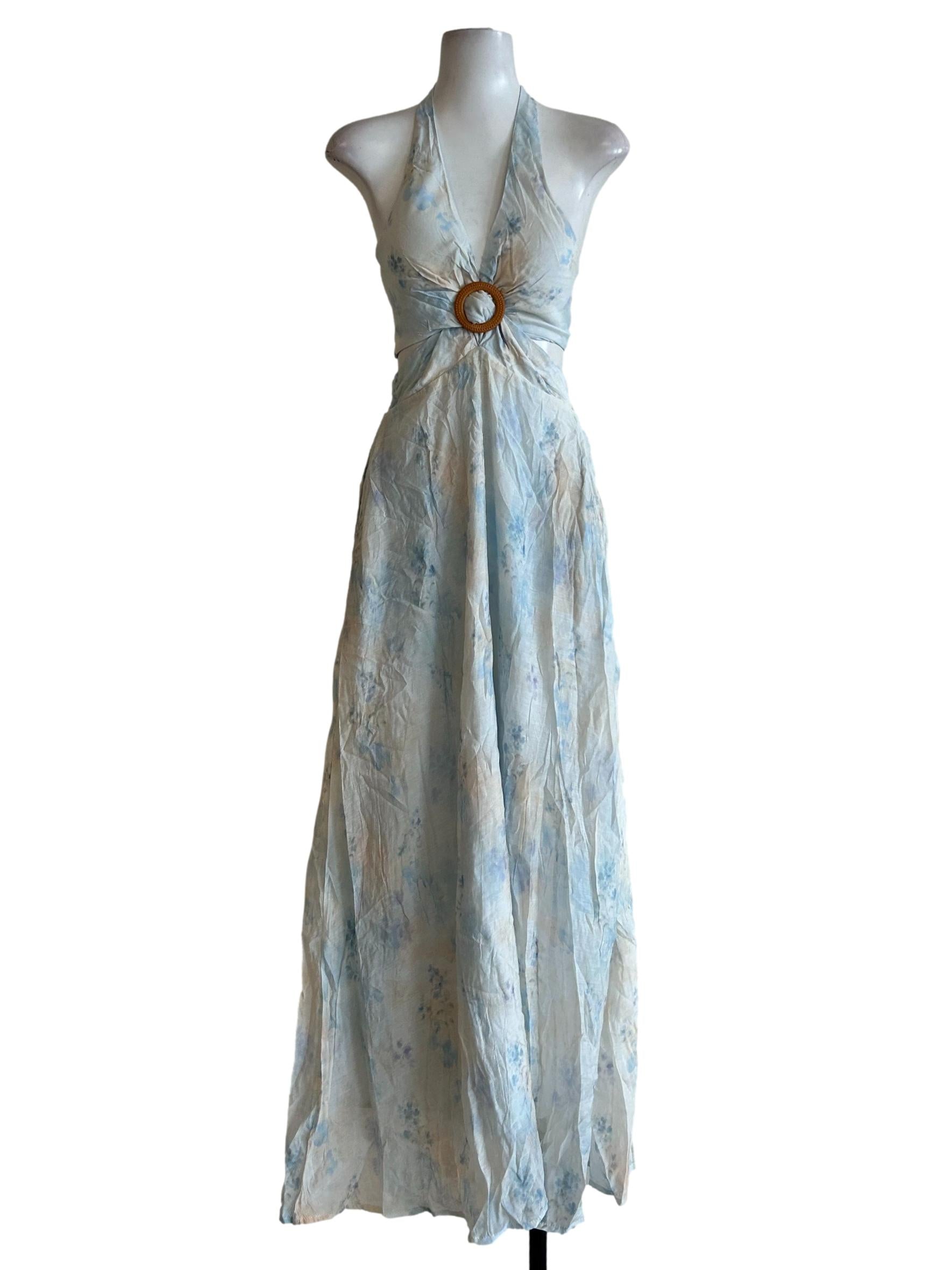 Blue And Cream Floral Halter Dress