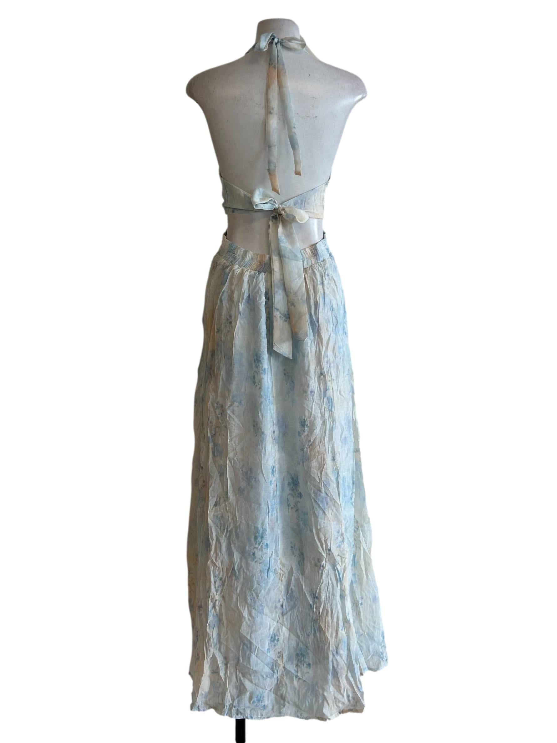 Blue And Cream Floral Halter Dress