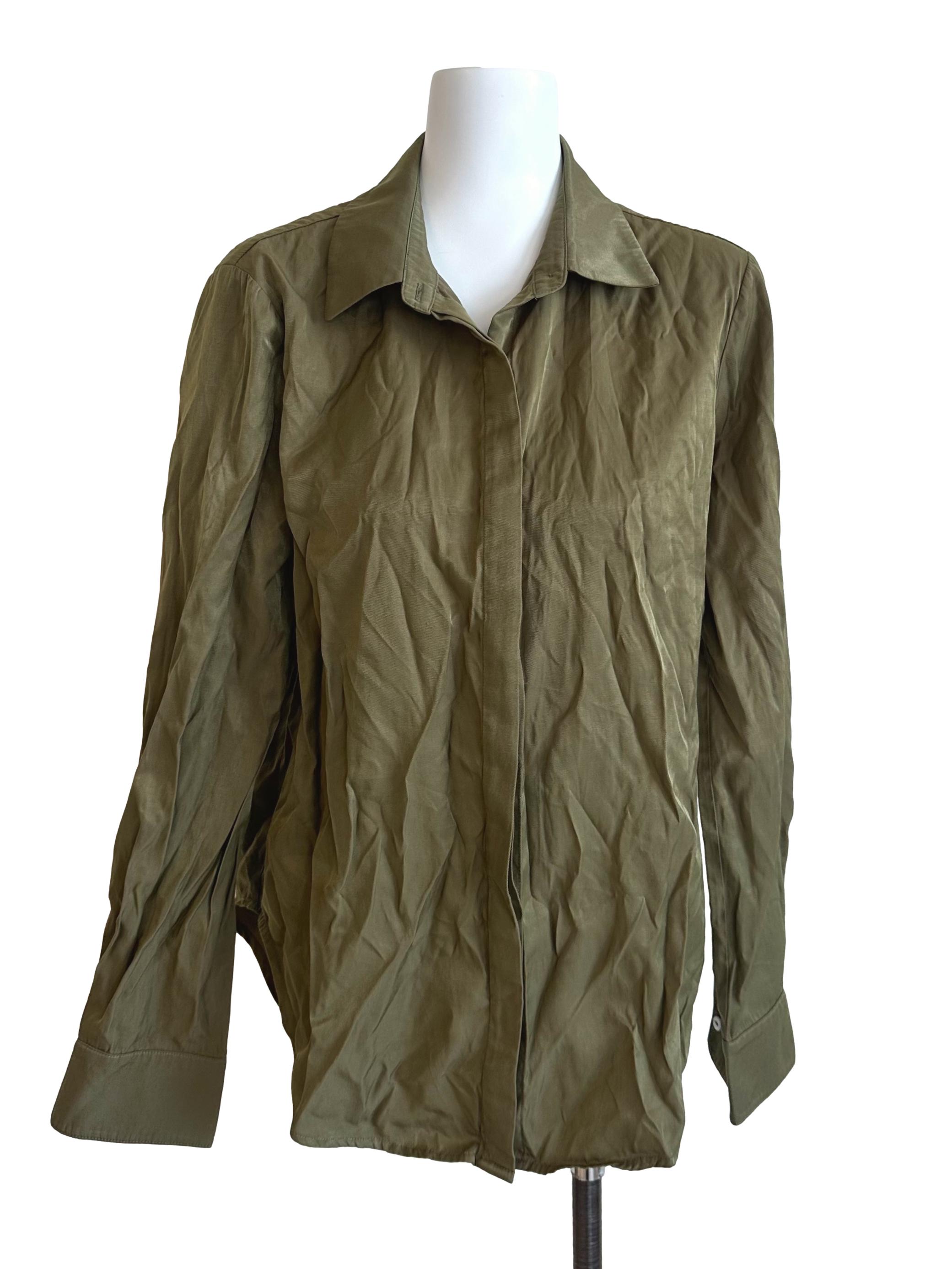 Army Green Curved Hem Rayon Shirt OSN