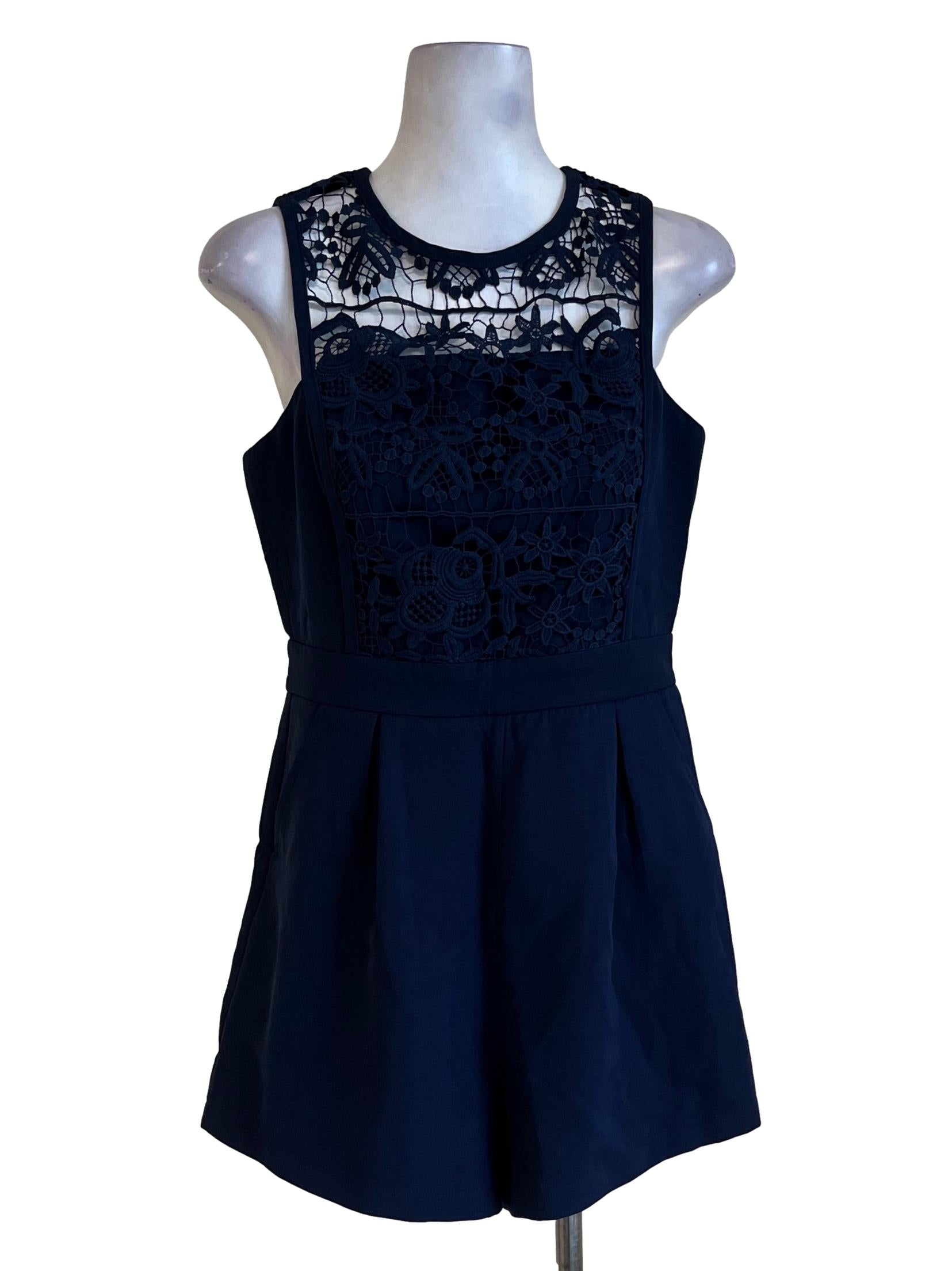 Navy Blue Sleeveless Romper With Lace Bodice