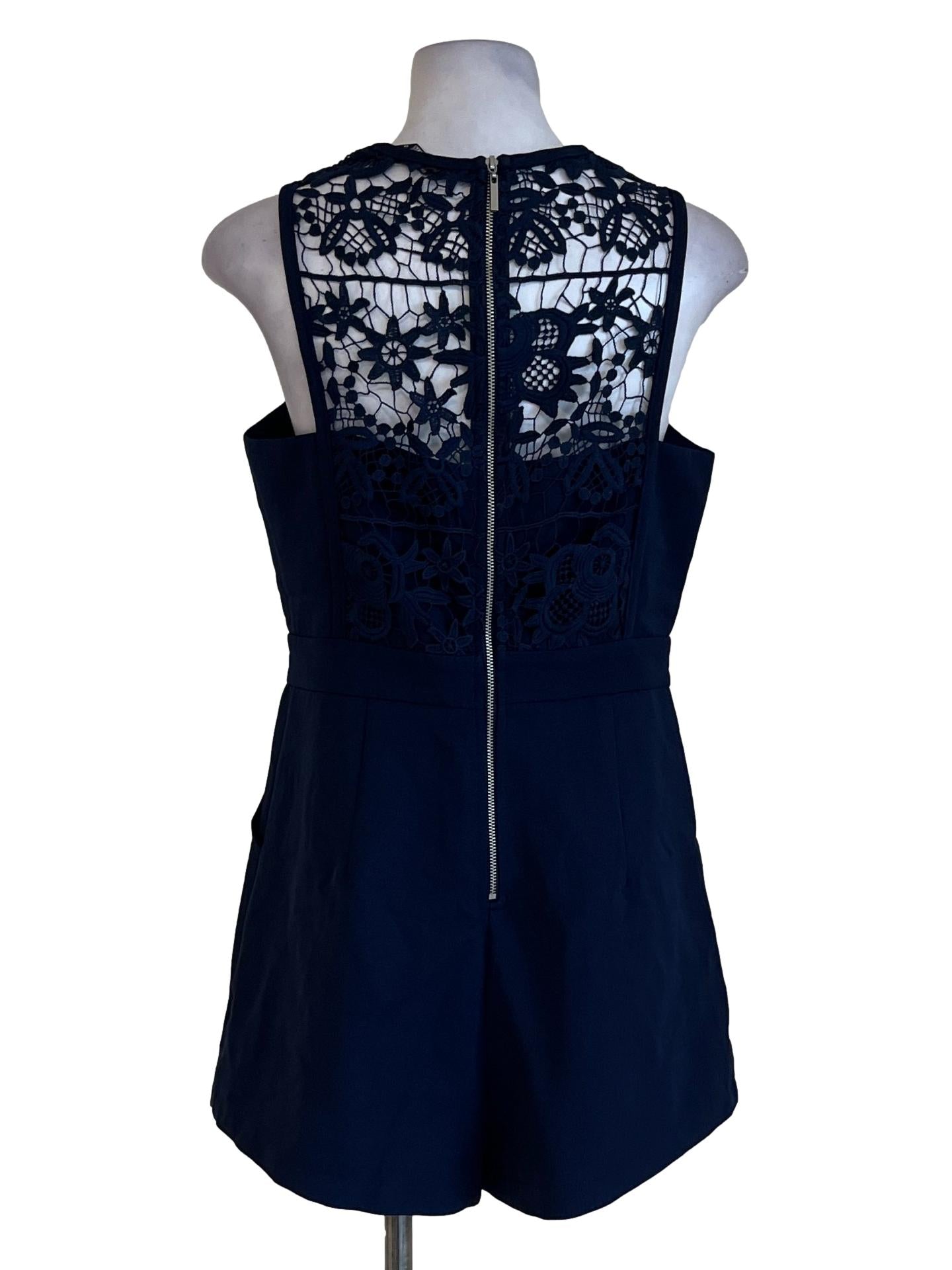 Navy Blue Sleeveless Romper With Lace Bodice