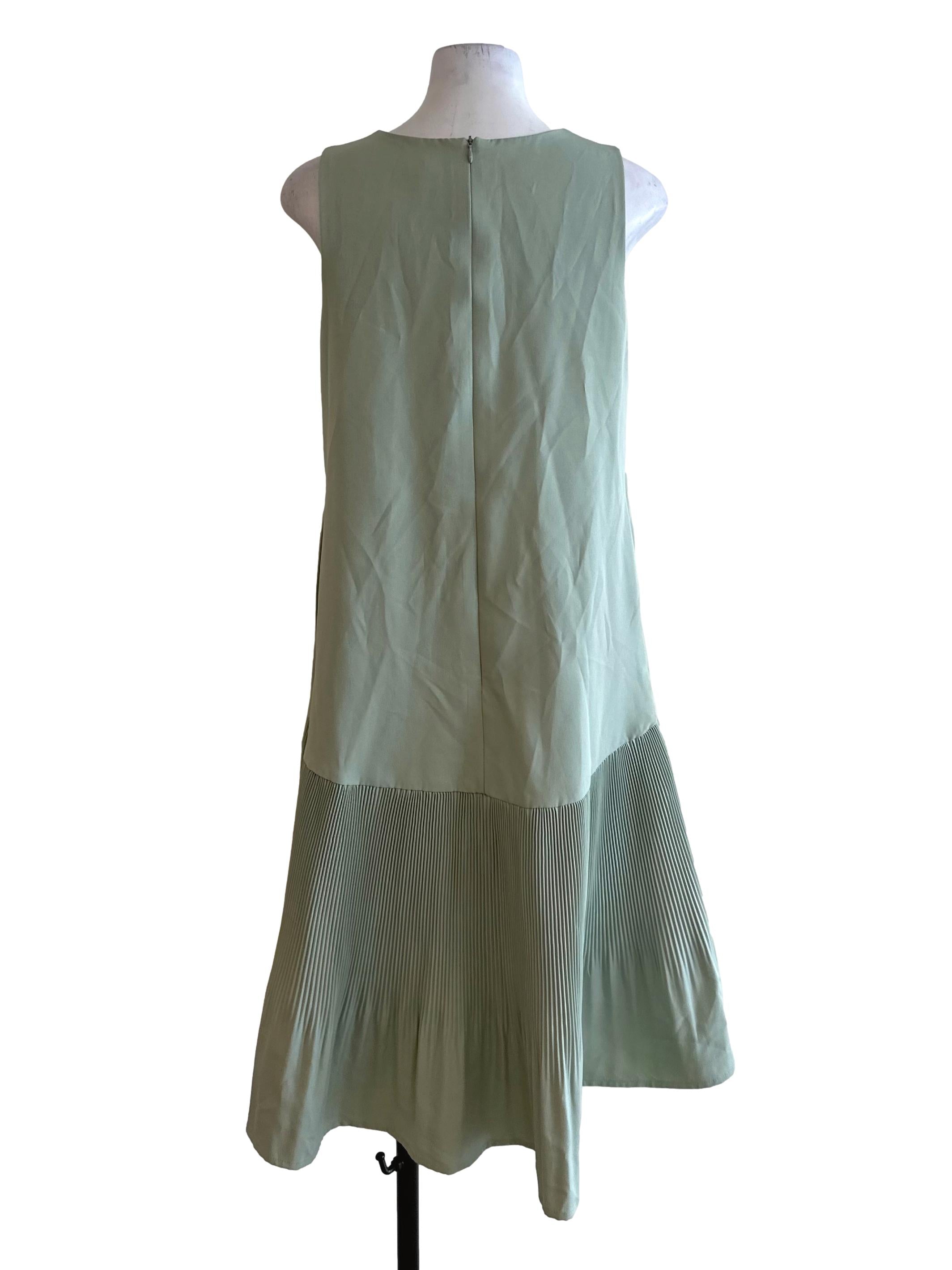 Dusty Green Round Neck Pleated Dress