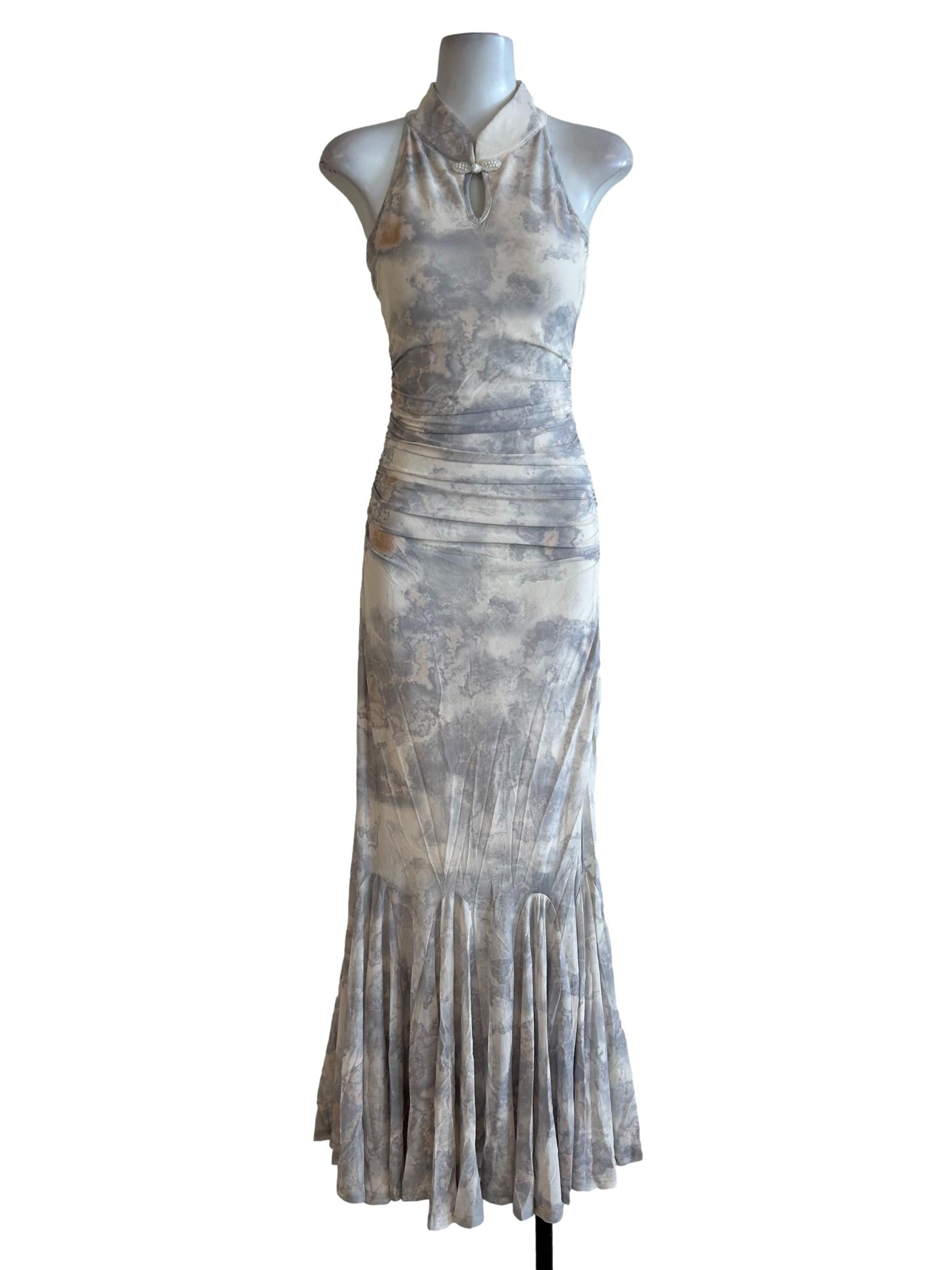 Beige And Grey Abtract Print Cheongsam Dress