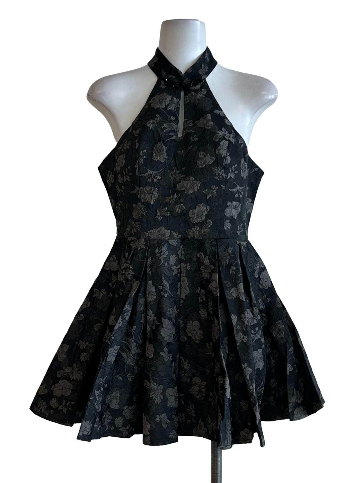 Charcoal Black Floral Cheongsam Dress
