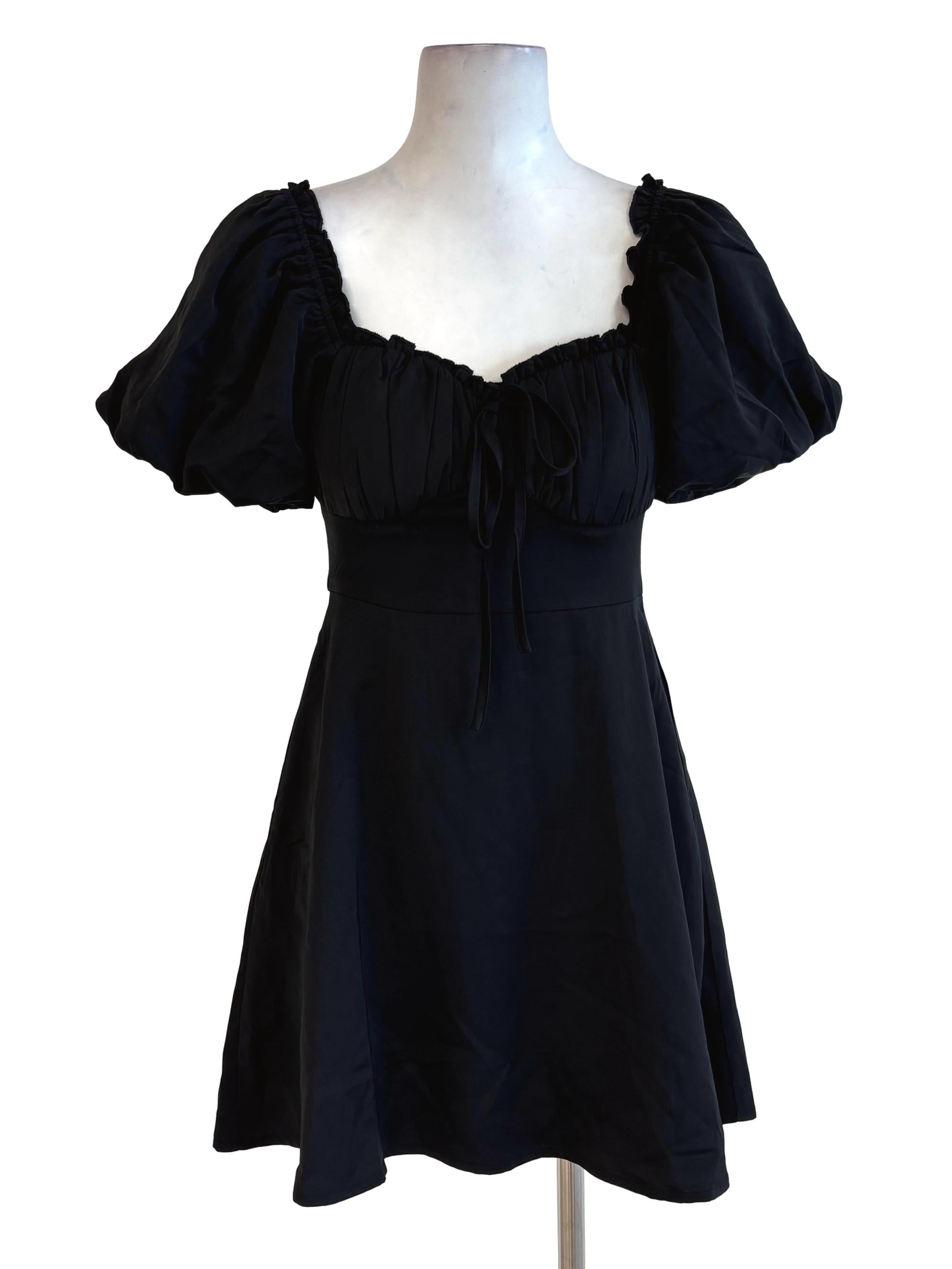 Black Fitted Waist Puff Sleeve Dress