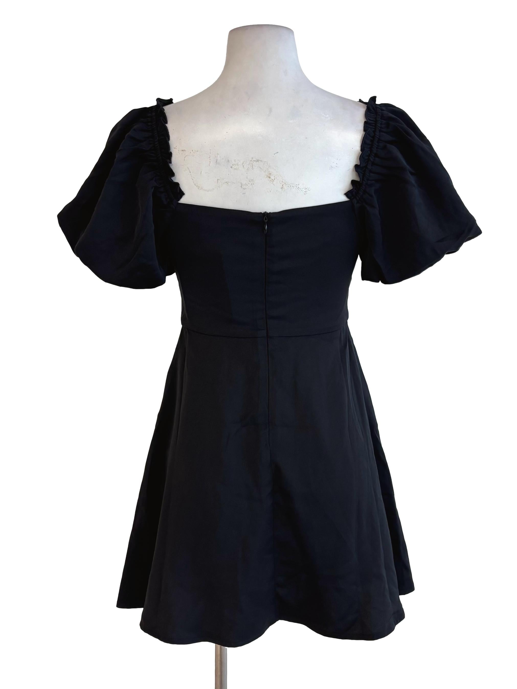 Black Fitted Waist Puff Sleeve Dress