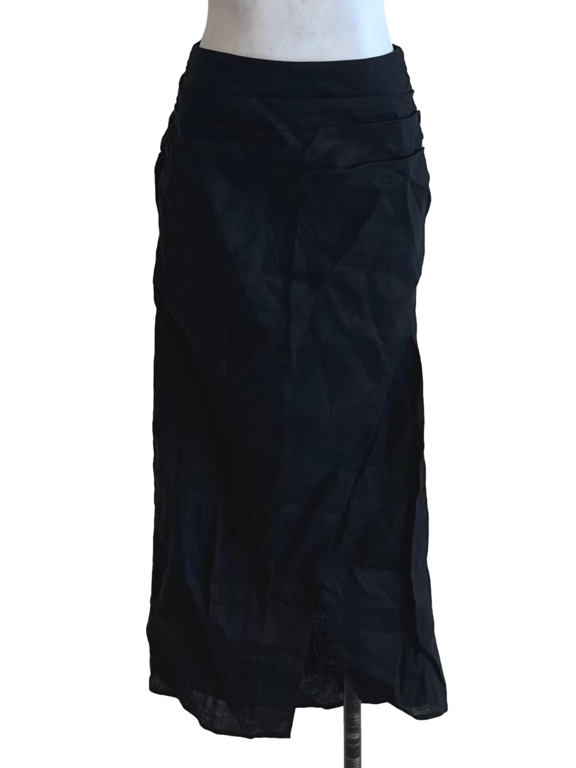 Black Textured Linen Wrap Skirt OSN