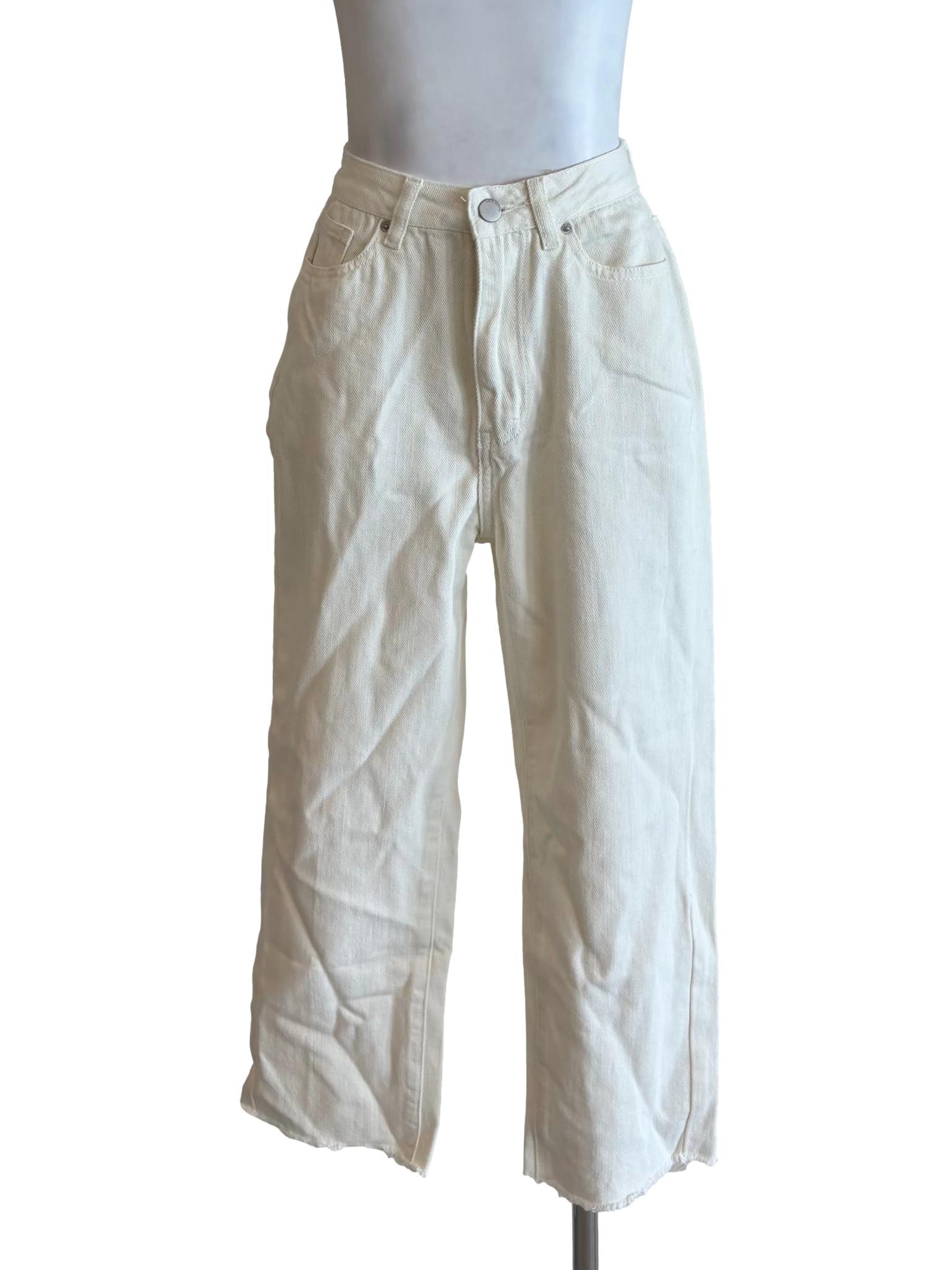 Cream Frayed Slim Fit Jeans