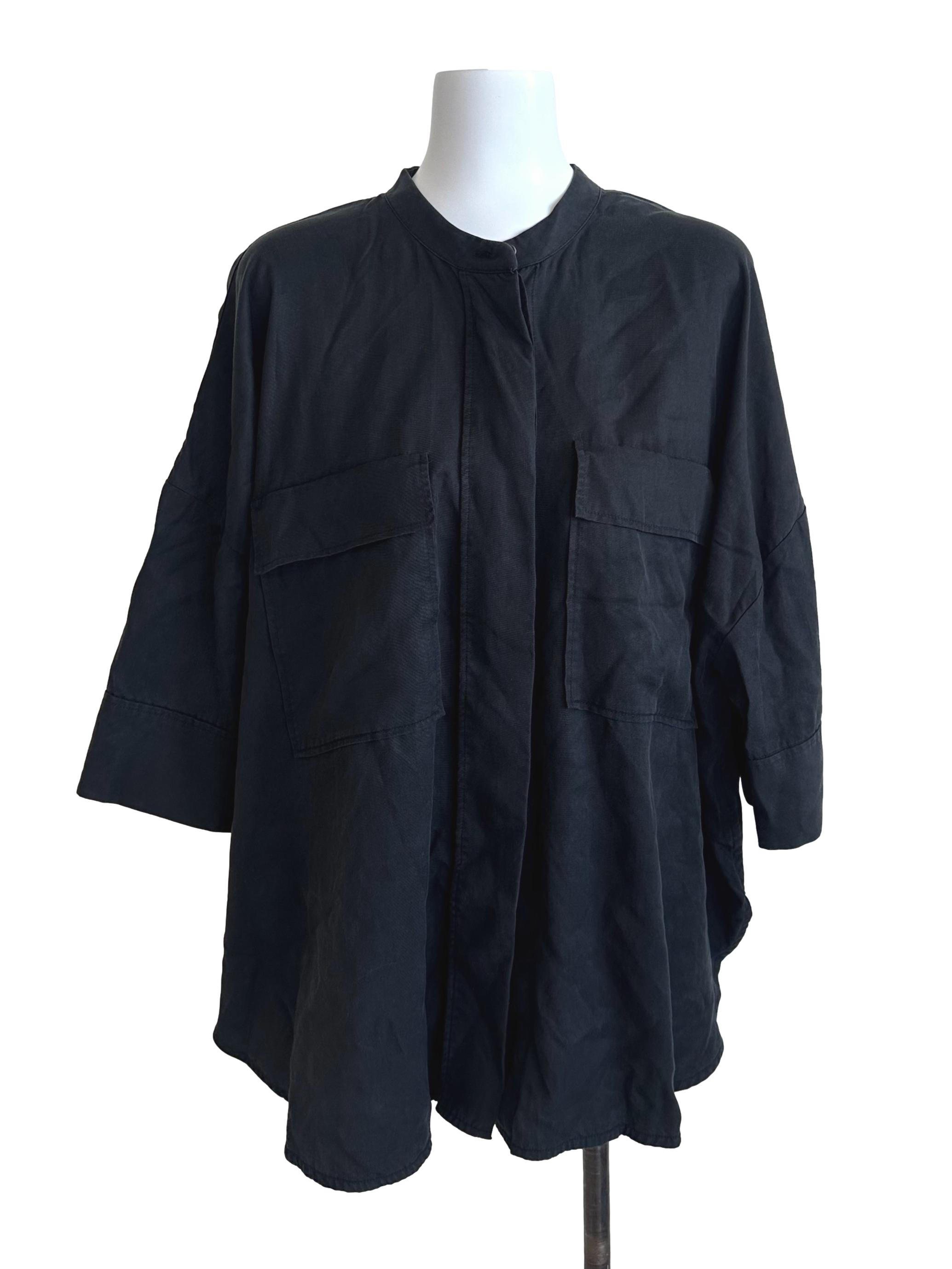 Charcoal Black Round Neck Pocket Button Top