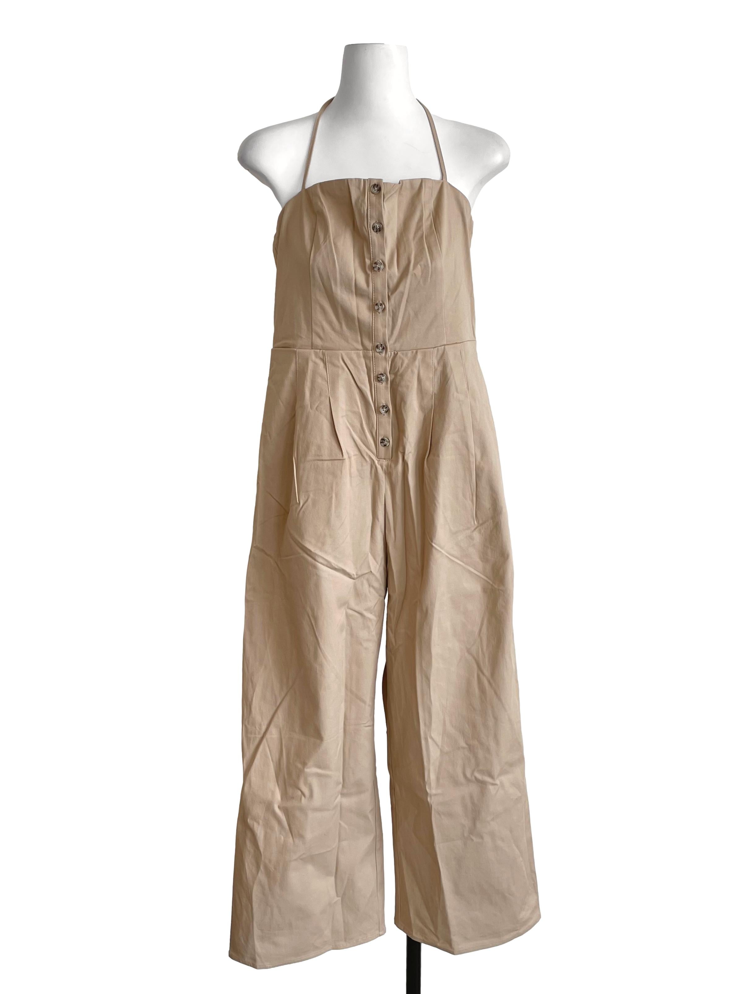 Light Tortilla Button Up Tie Neck Jumpsuit