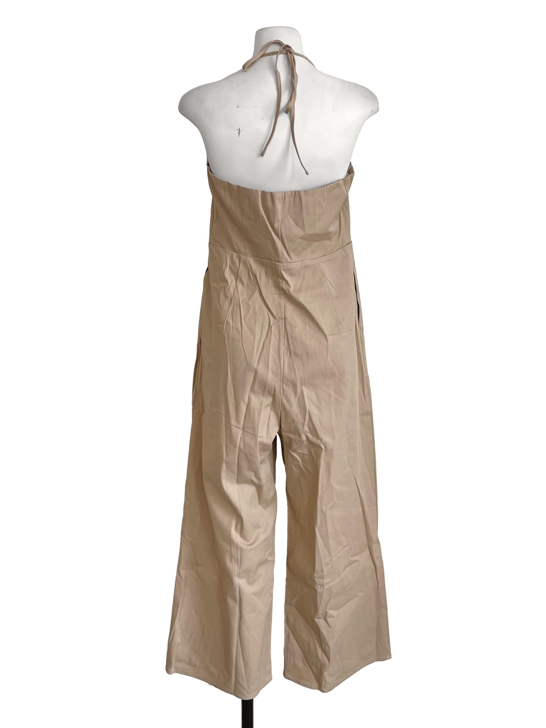 Light Tortilla Button Up Tie Neck Jumpsuit