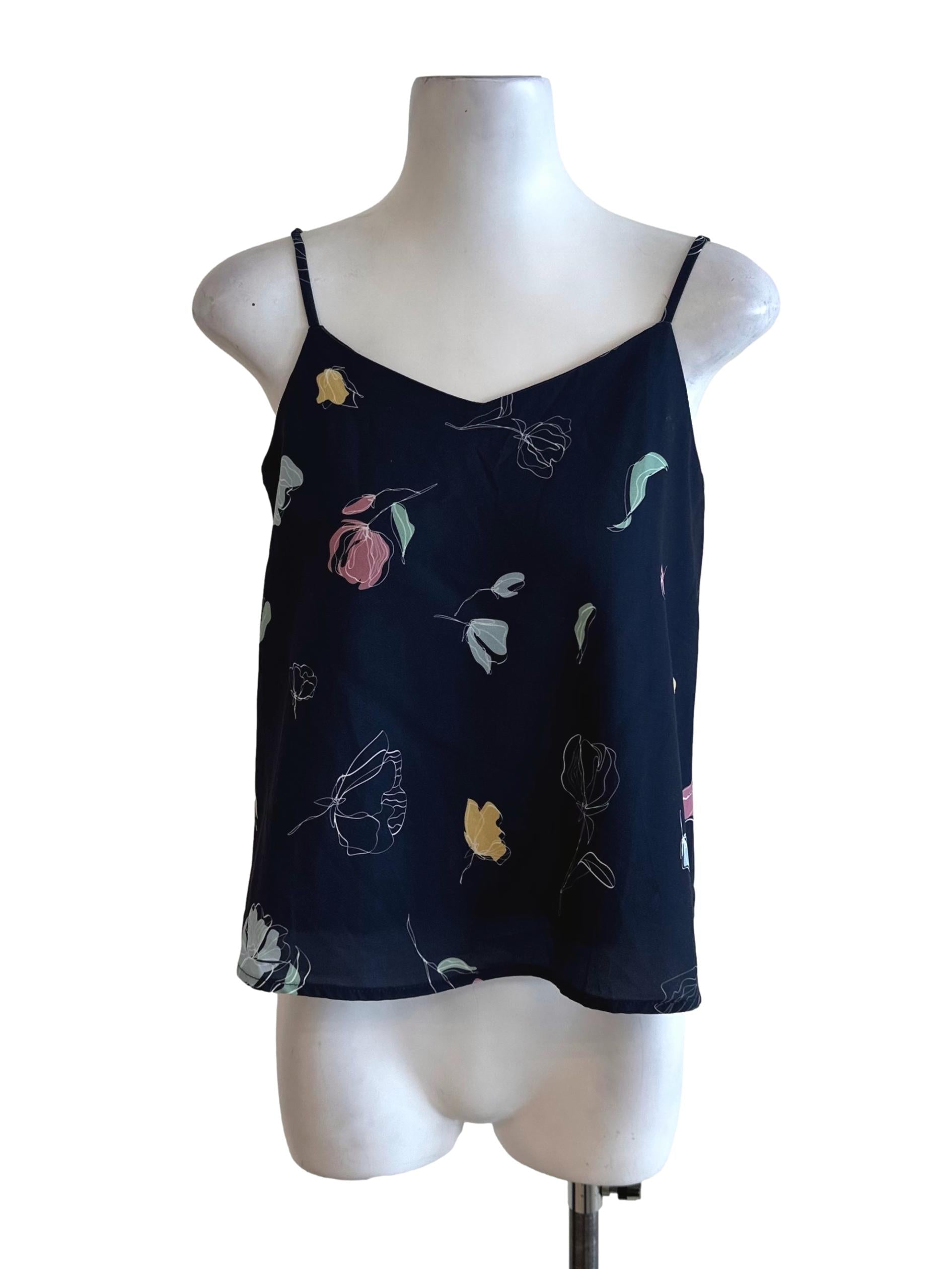 Navy Blue Pattern V Neck Top