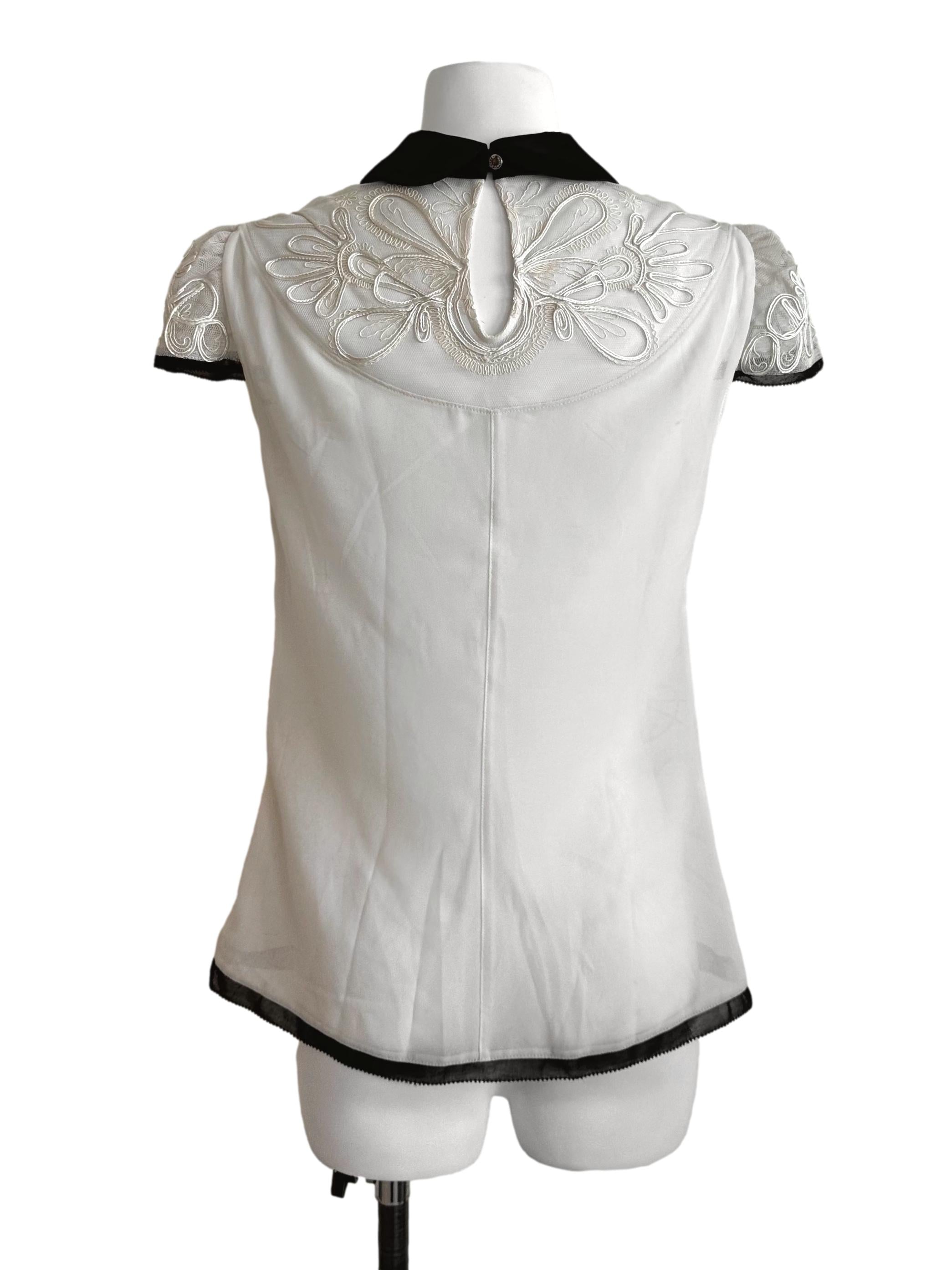 Cream White Lace Textured Collar Top