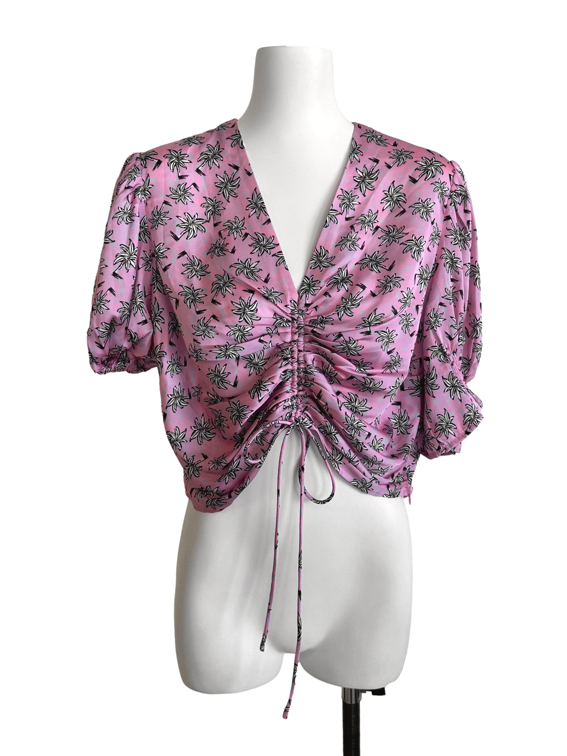 Candy Pink V Neck Pattern Drawstring Top