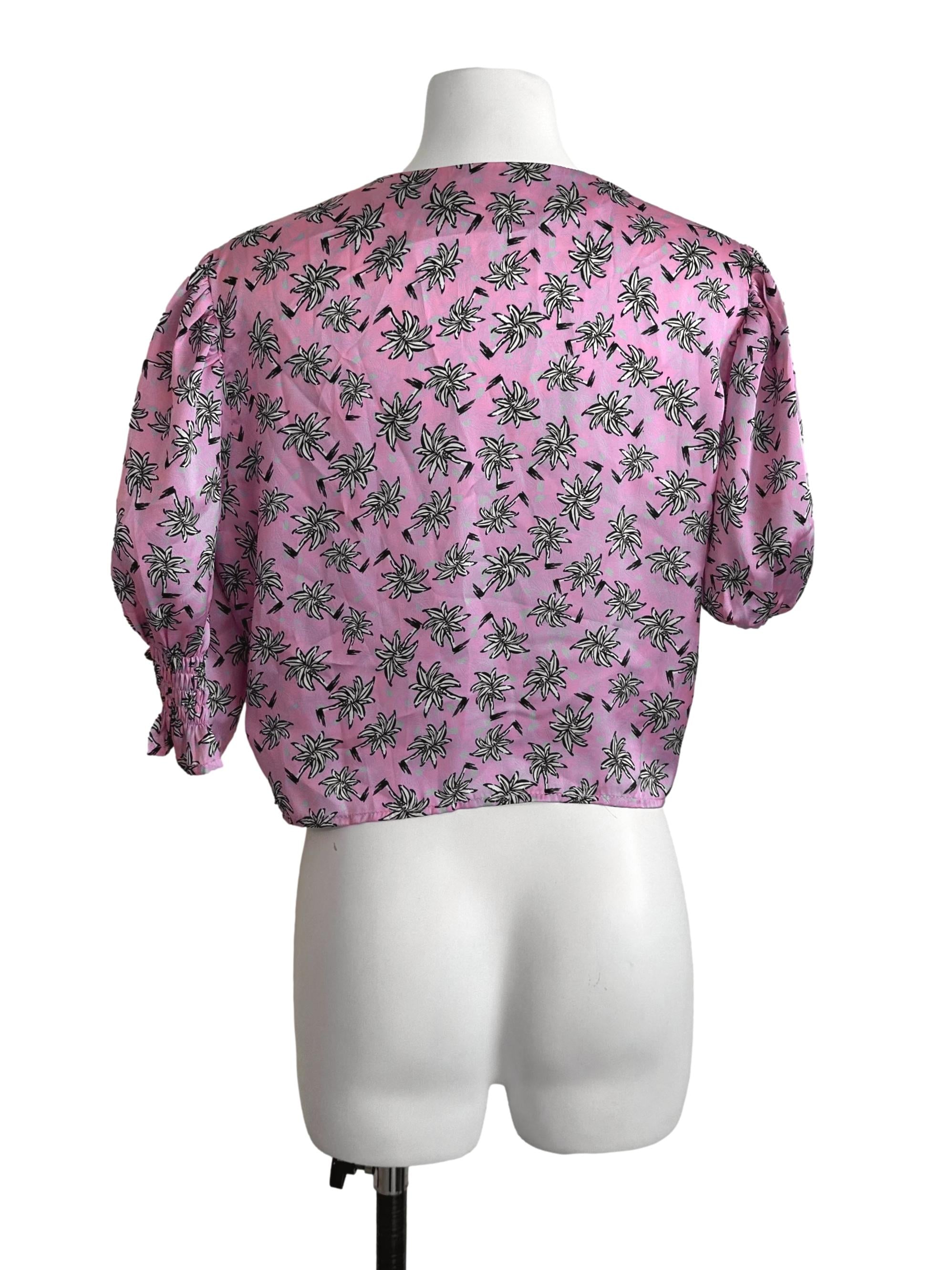 Candy Pink V Neck Pattern Drawstring Top
