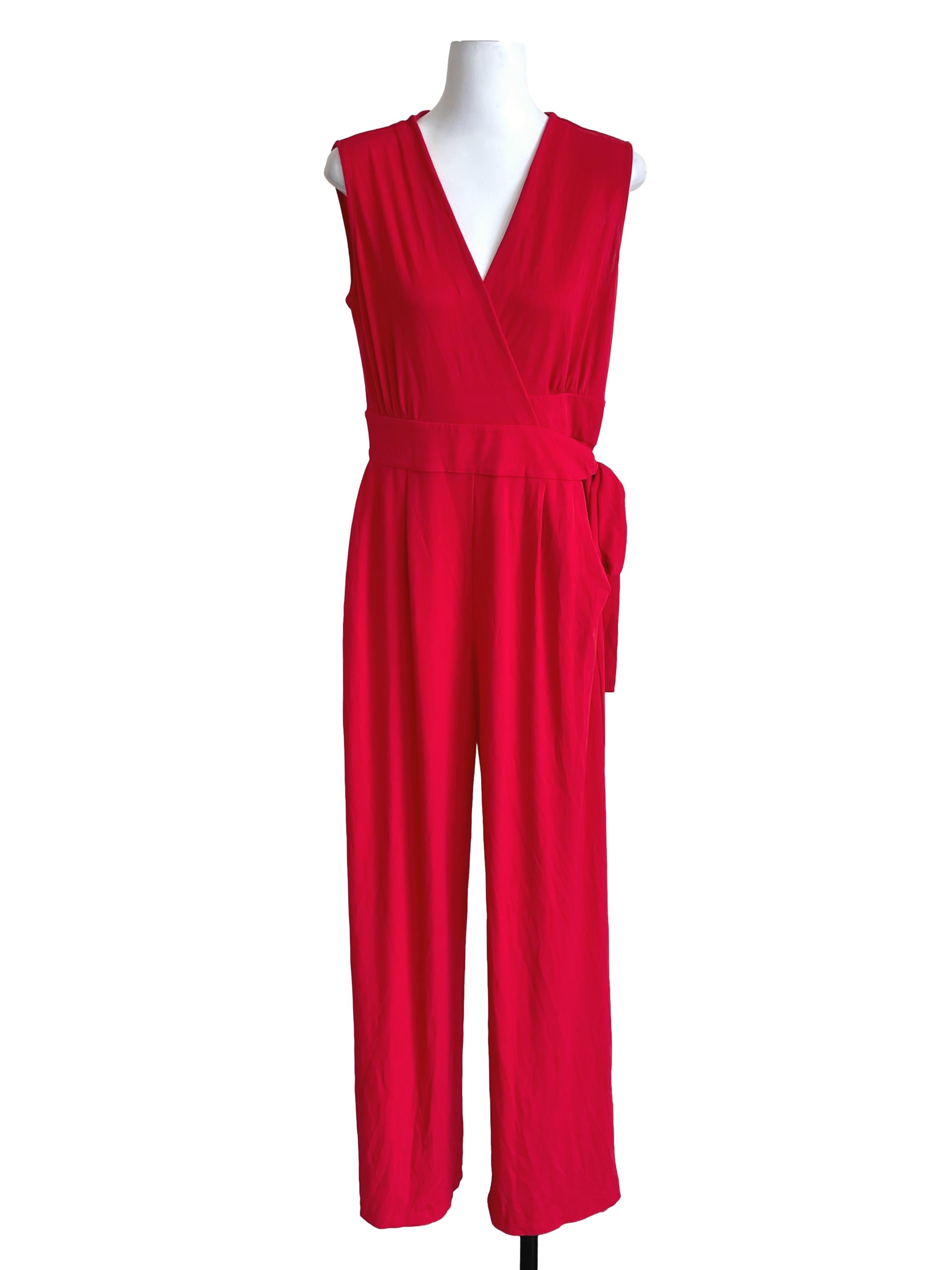 Red Wrap Tie Jumpsuit