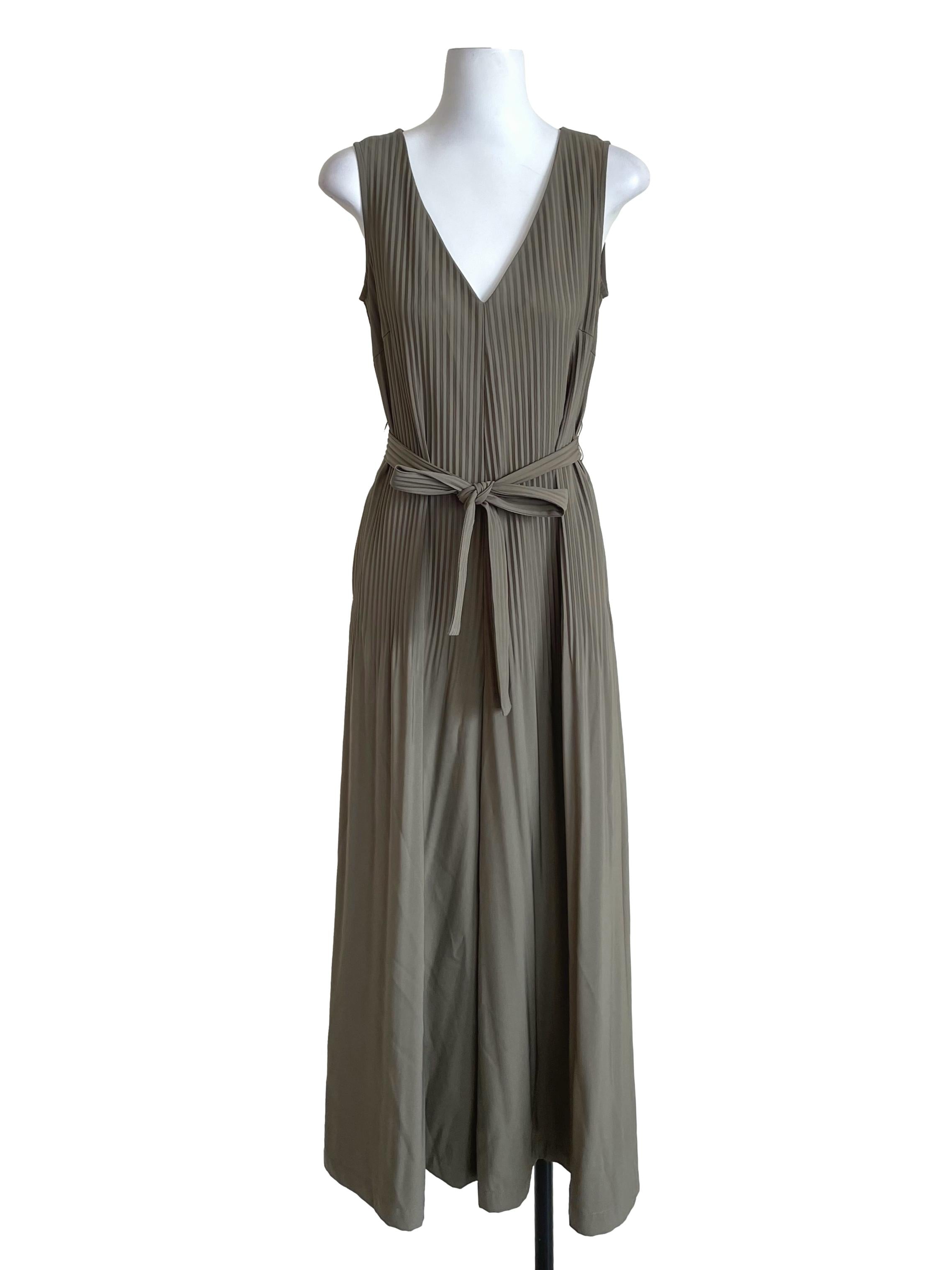 Warm Sage Accordion V Neck Jumpsuit