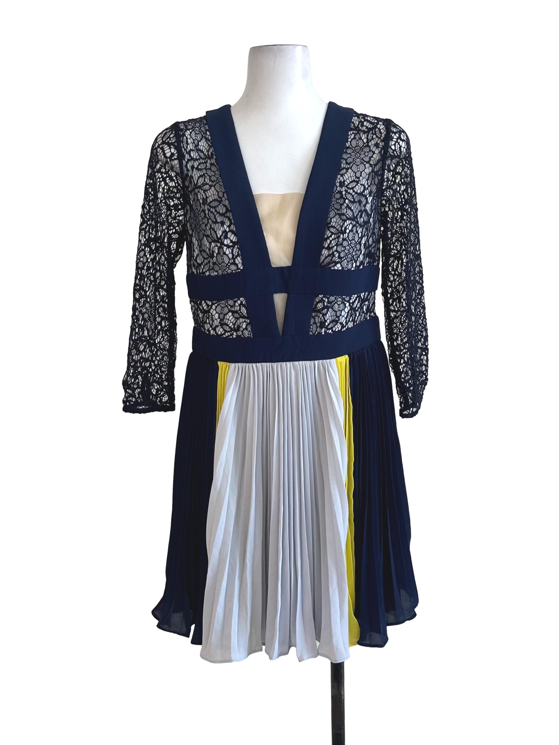 Navy Blue Lace Pleated Dress