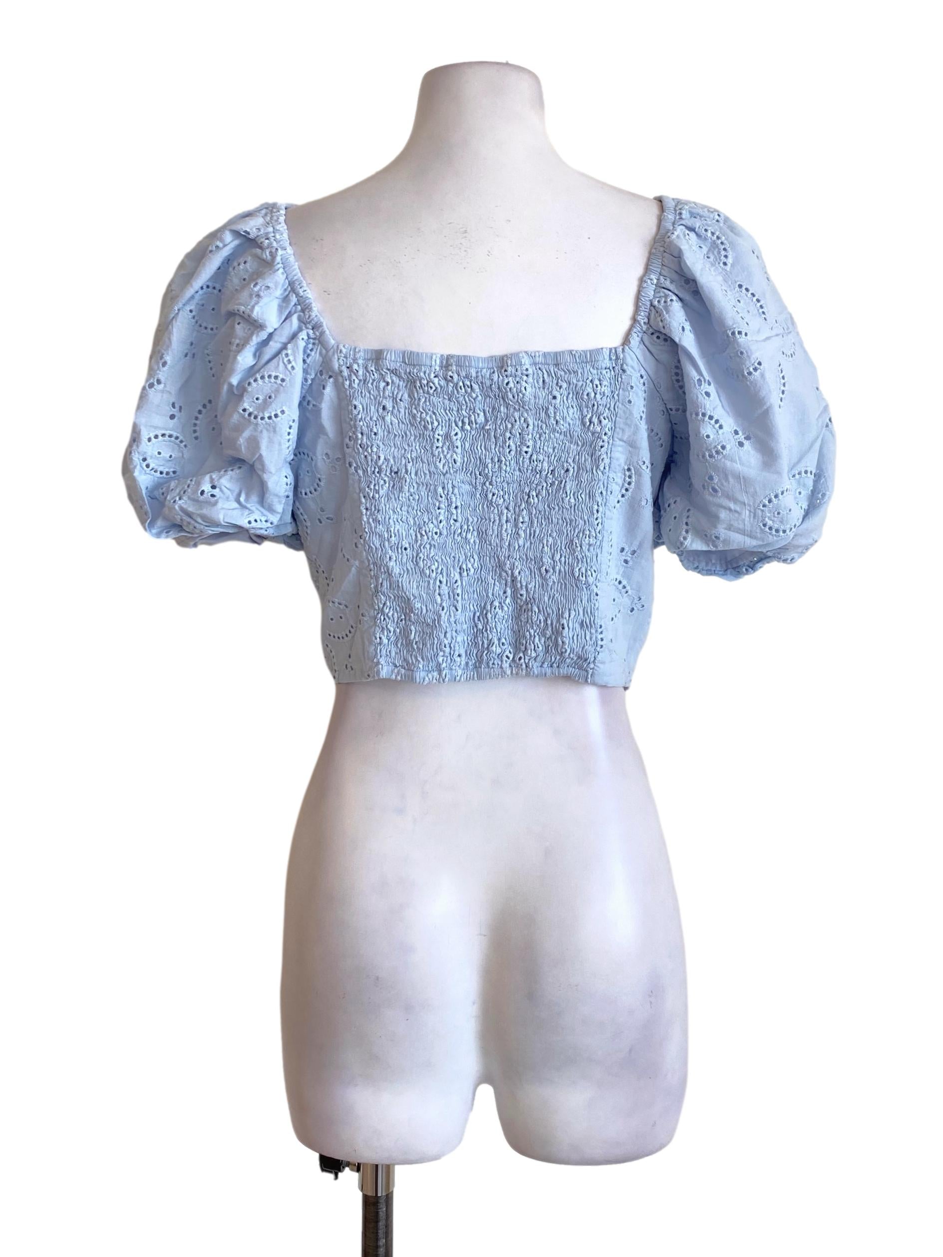 Sky Blue Embroidered Puffed Sleeved Cropped Top