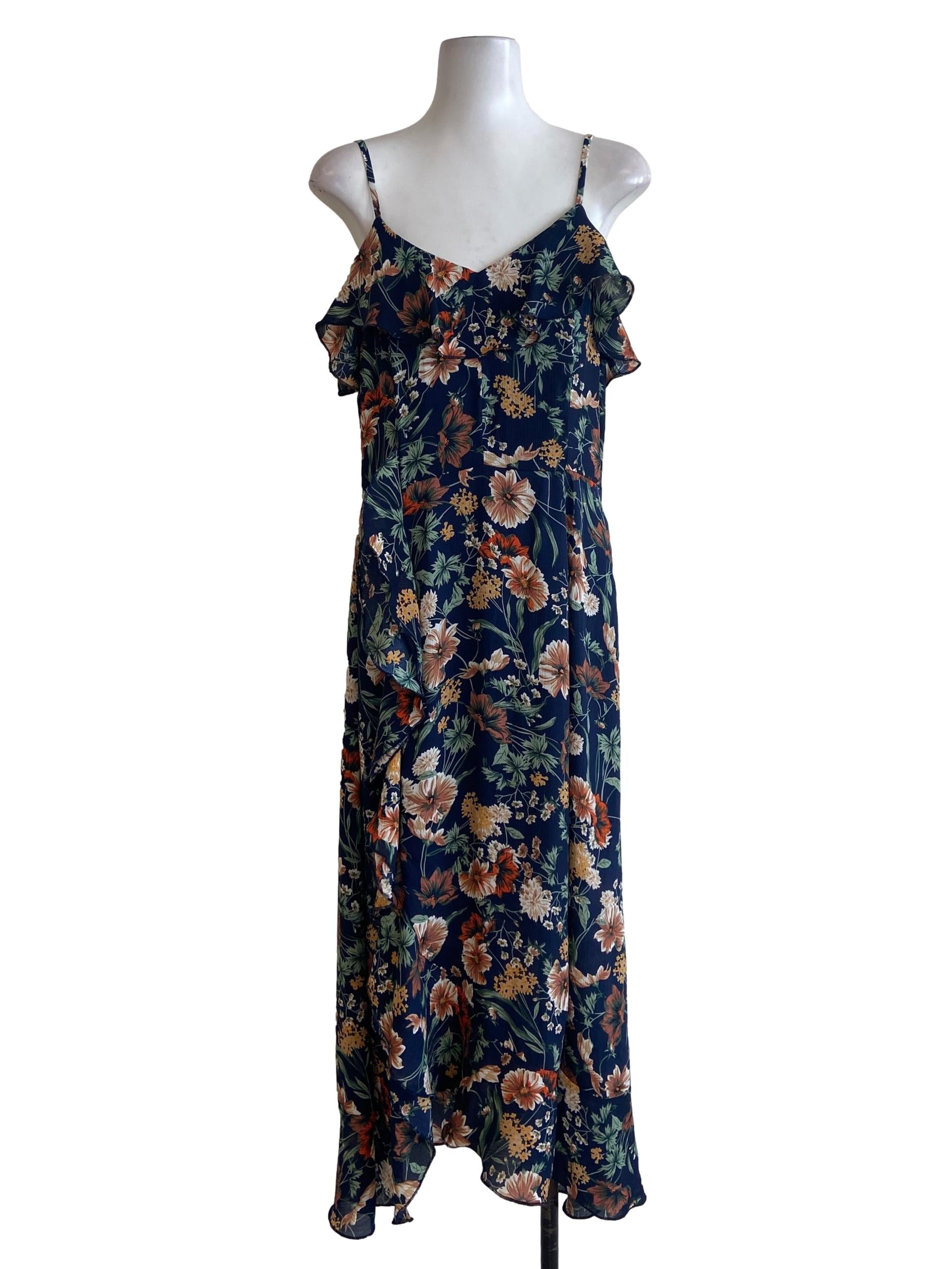 Navy Blue & Floral Sleeveless Ruffles Dress
