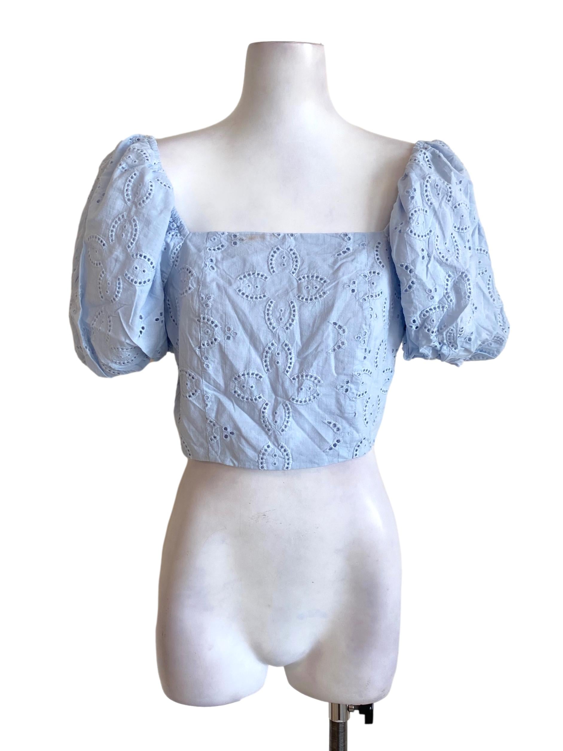 Sky Blue Embroidered Puffed Sleeved Cropped Top
