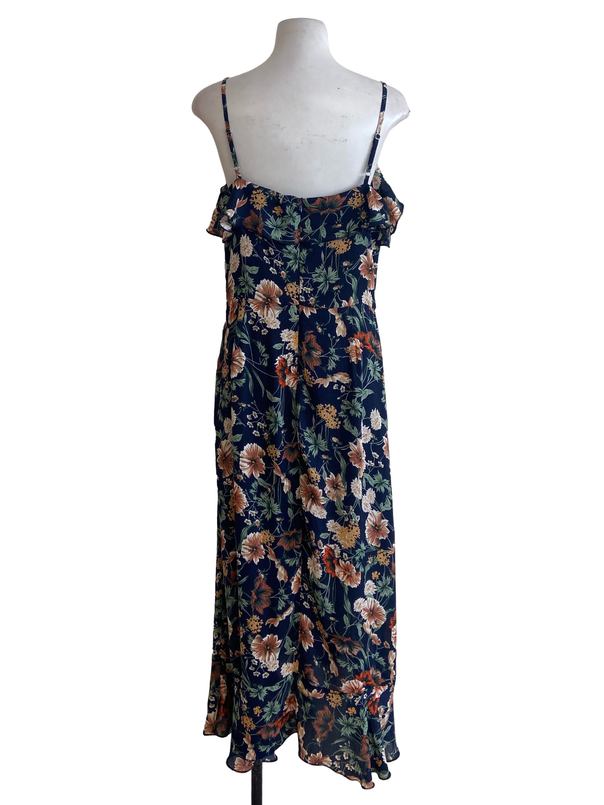 Navy Blue & Floral Sleeveless Ruffles Dress
