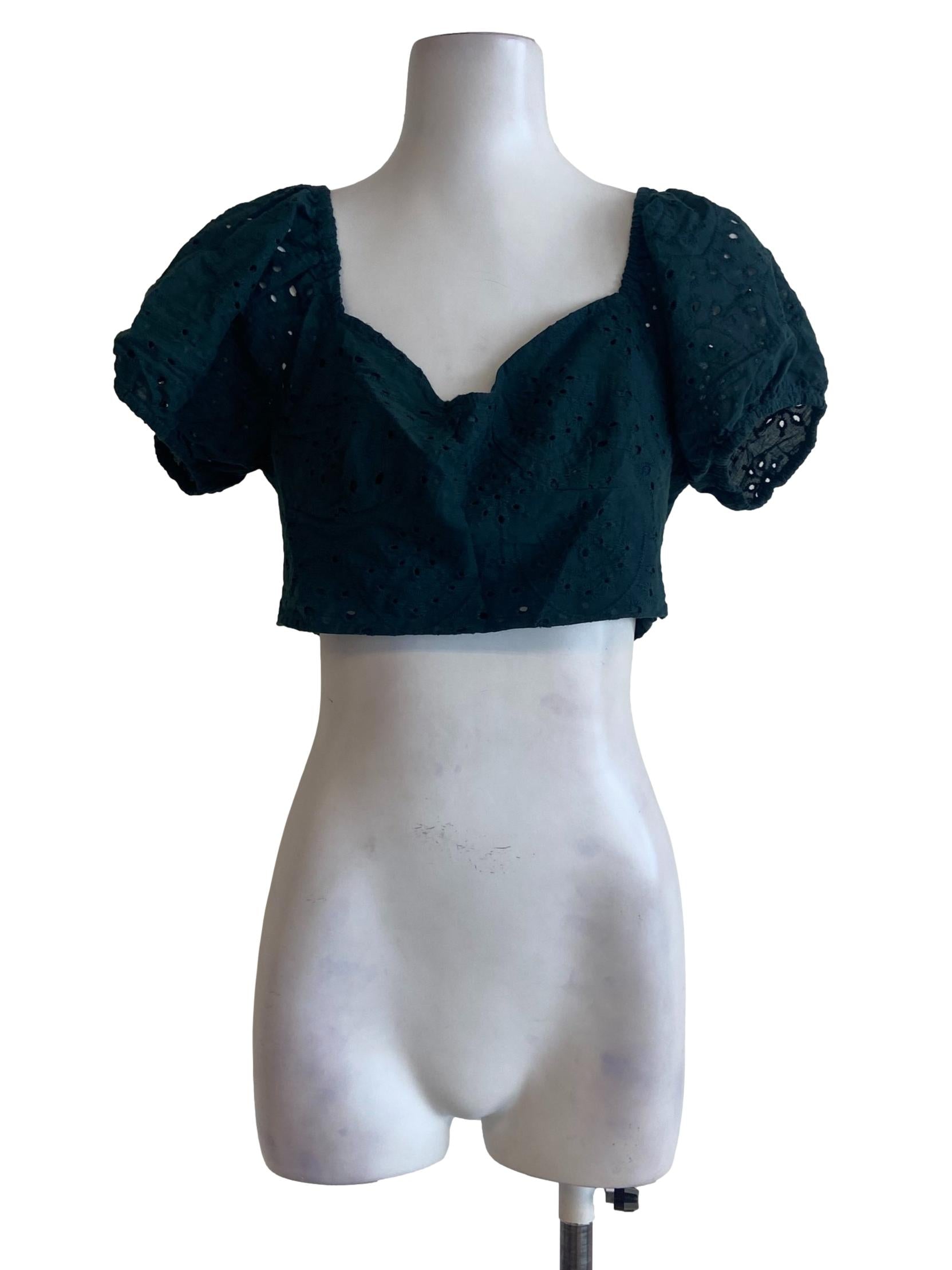 Emerald Green Embroidery Floral Crop Top