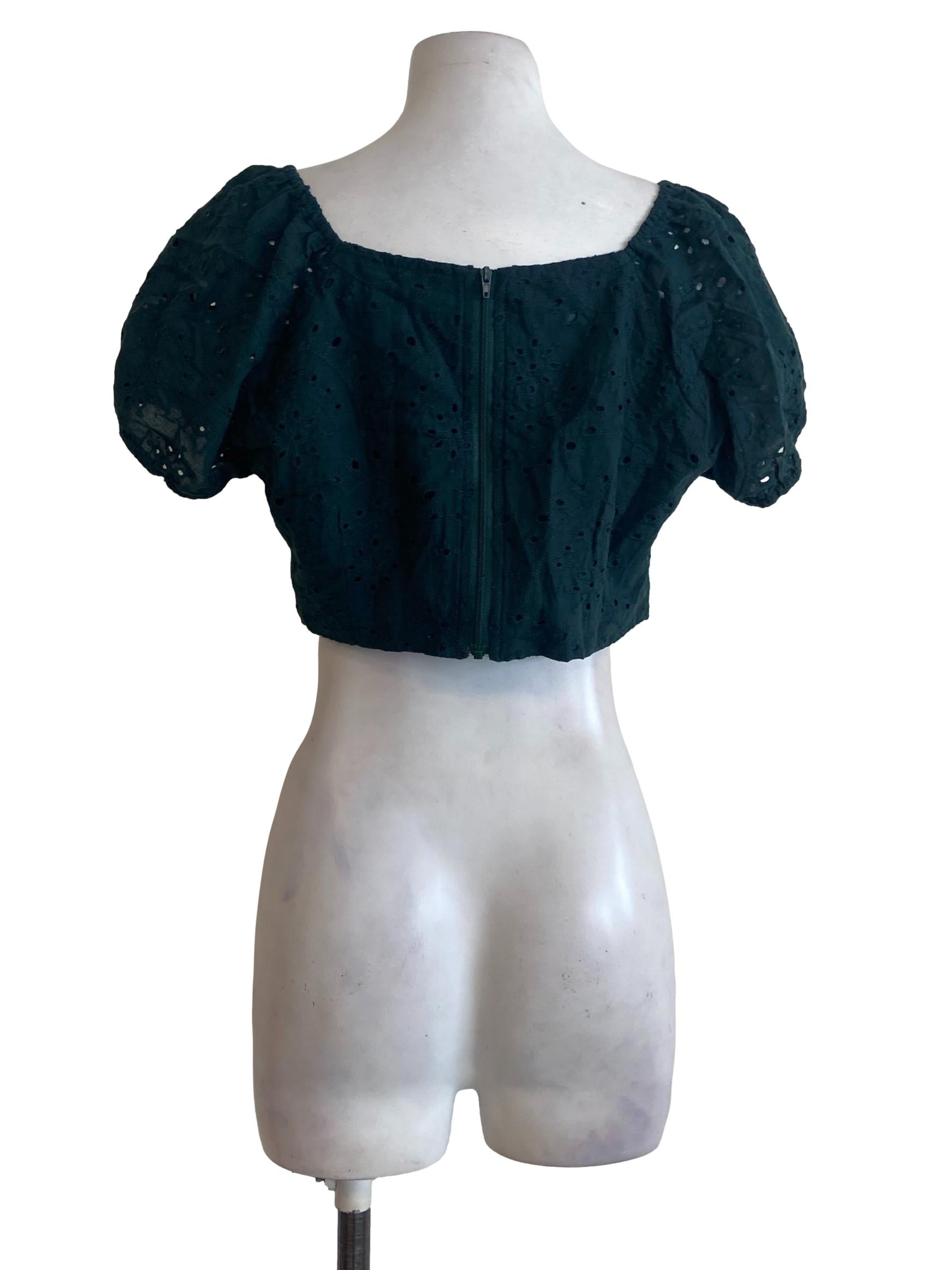 Emerald Green Embroidery Floral Crop Top