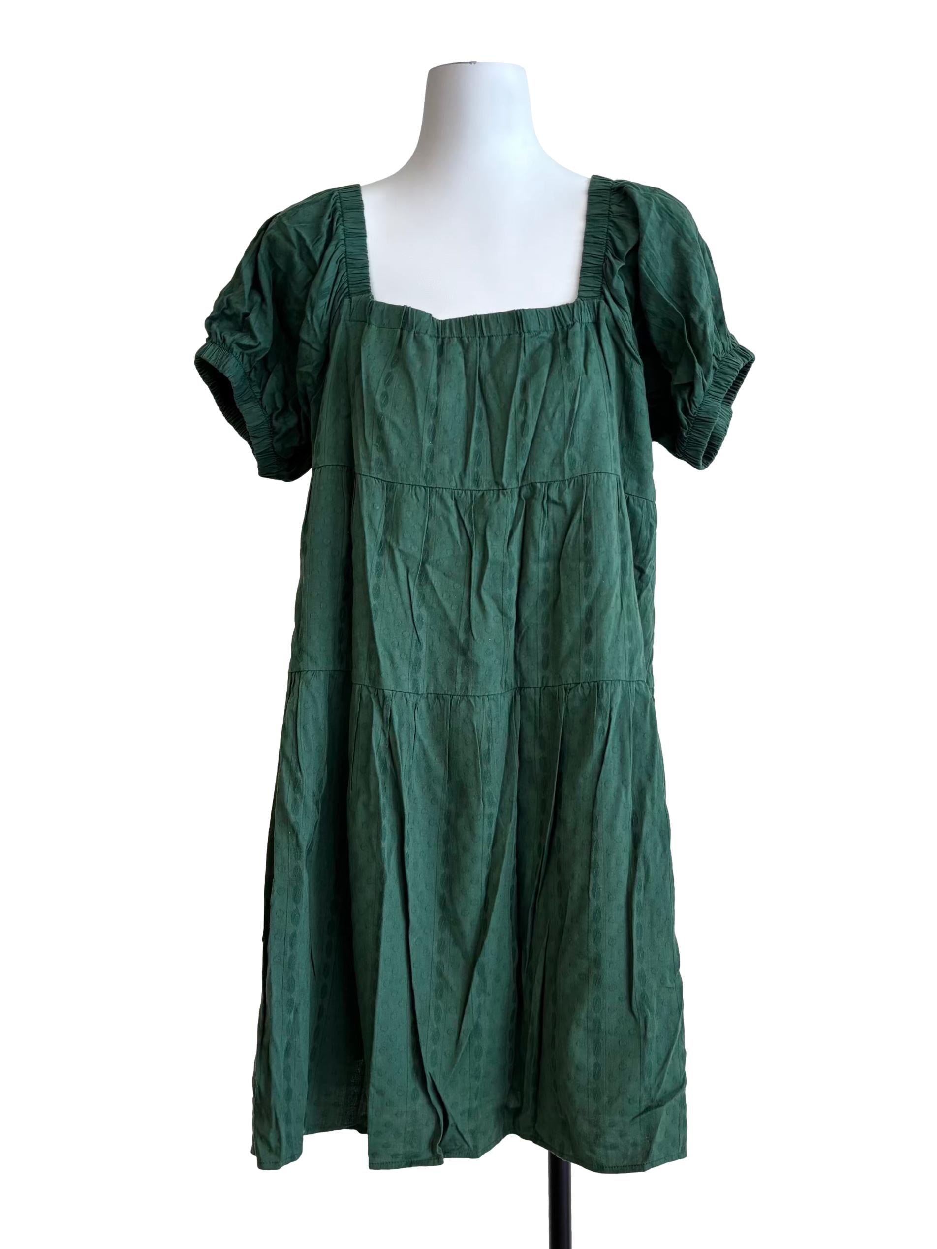 Forest Green Puff Sleeve Tier Dress