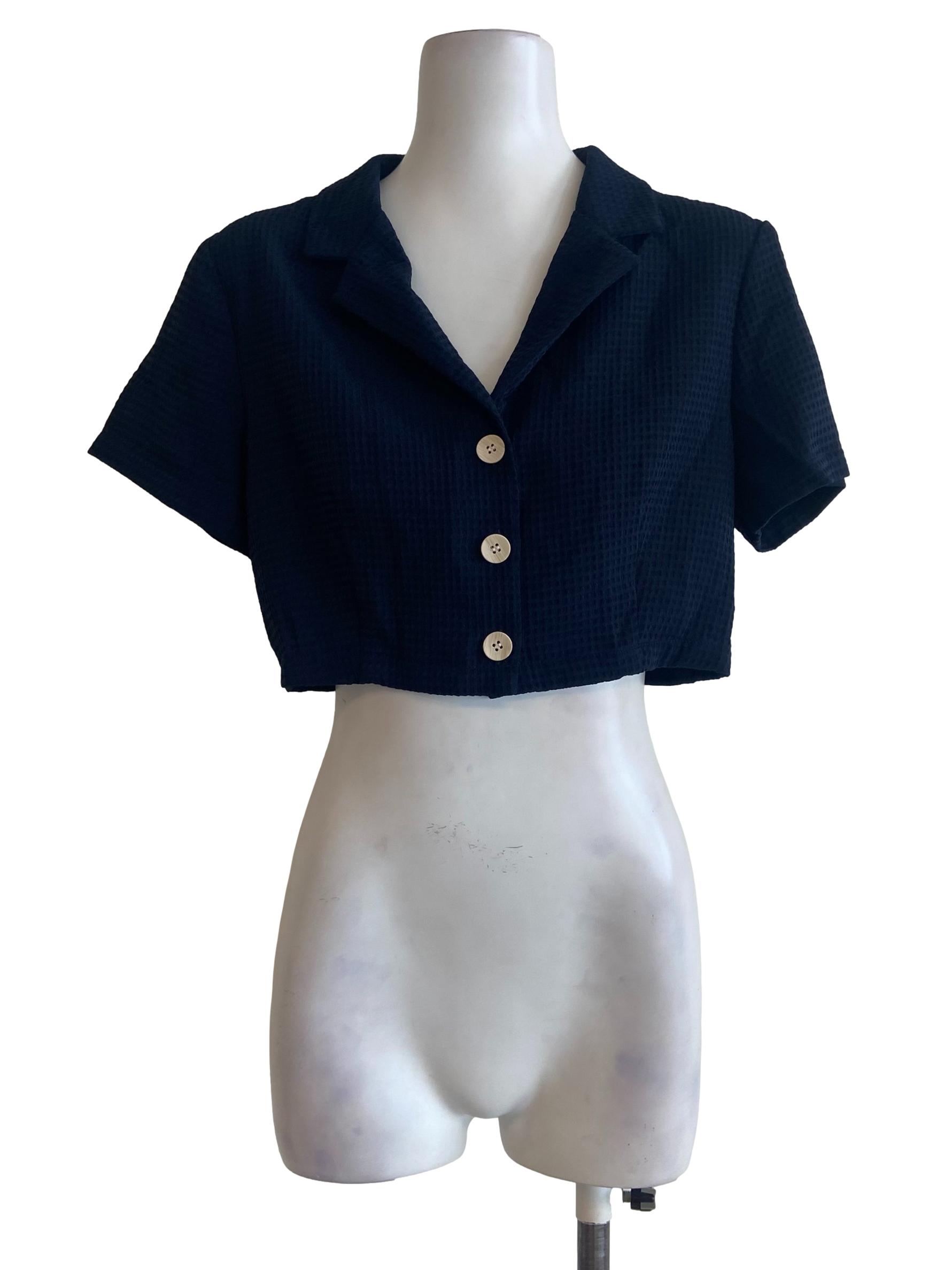 Denim Blue & Plaid Button Down Crop Top