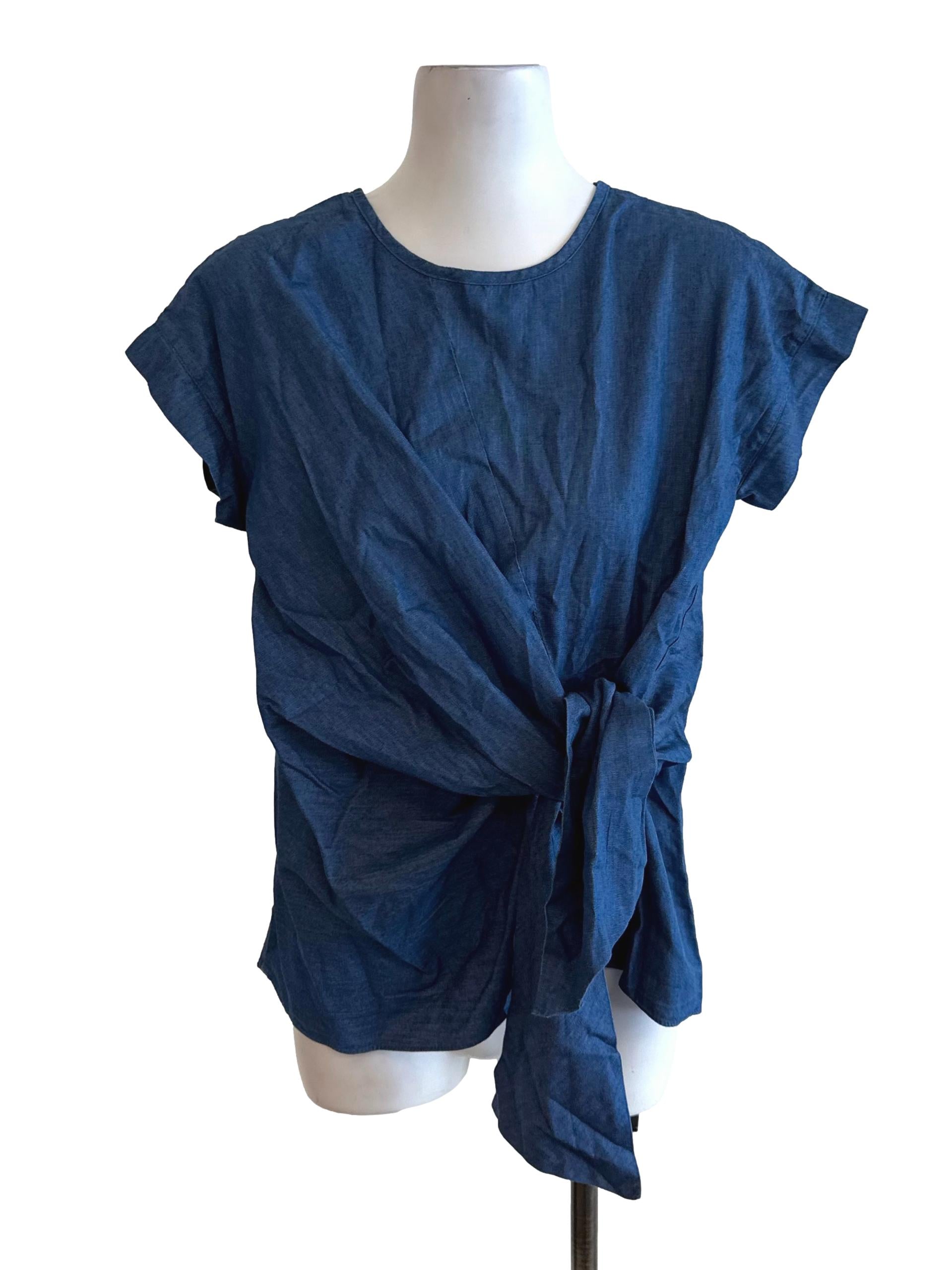 Denim Blue Side Knot Round Neck Top