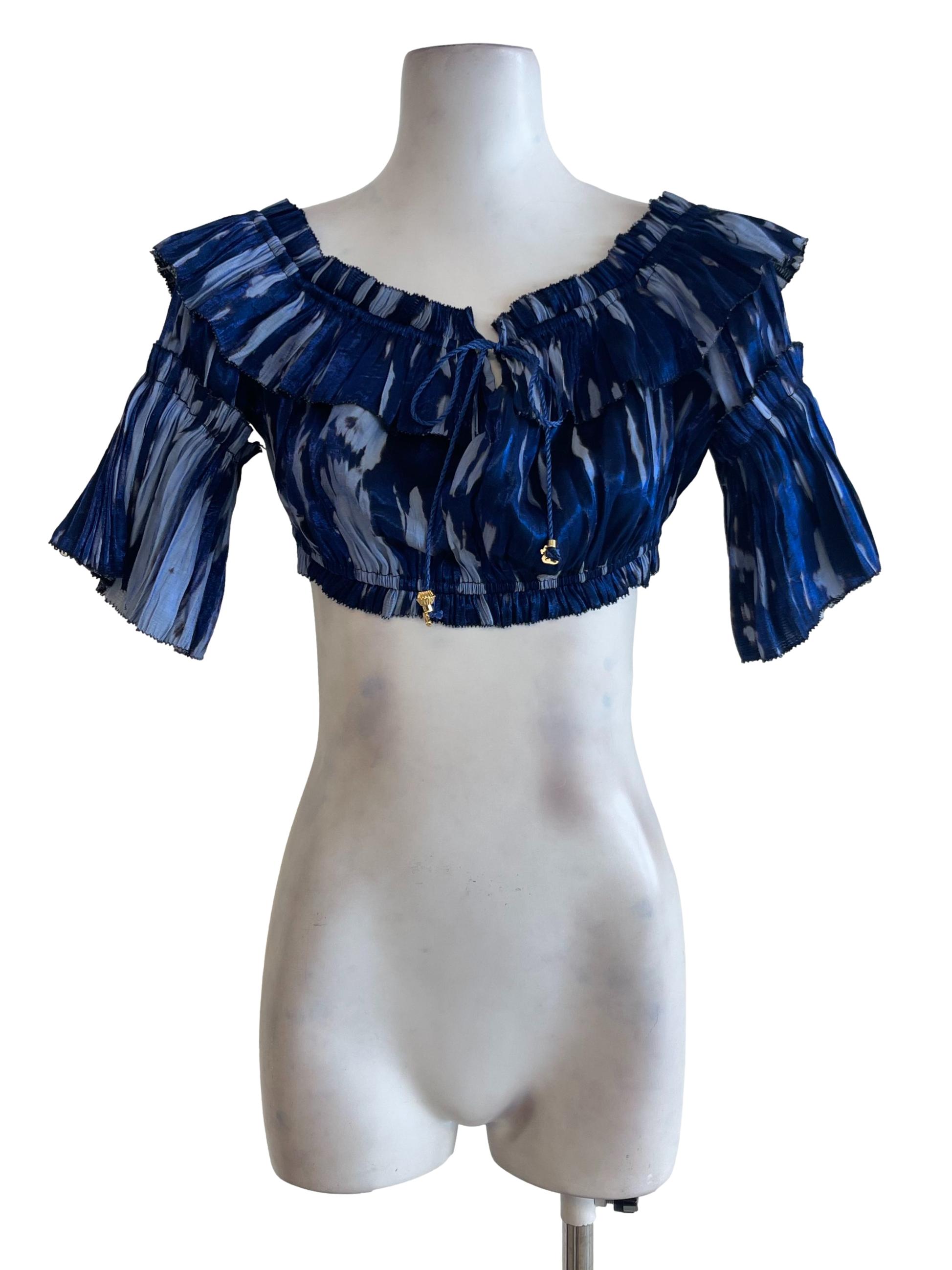 Blue Abstract Poet Sleeve Crop Top