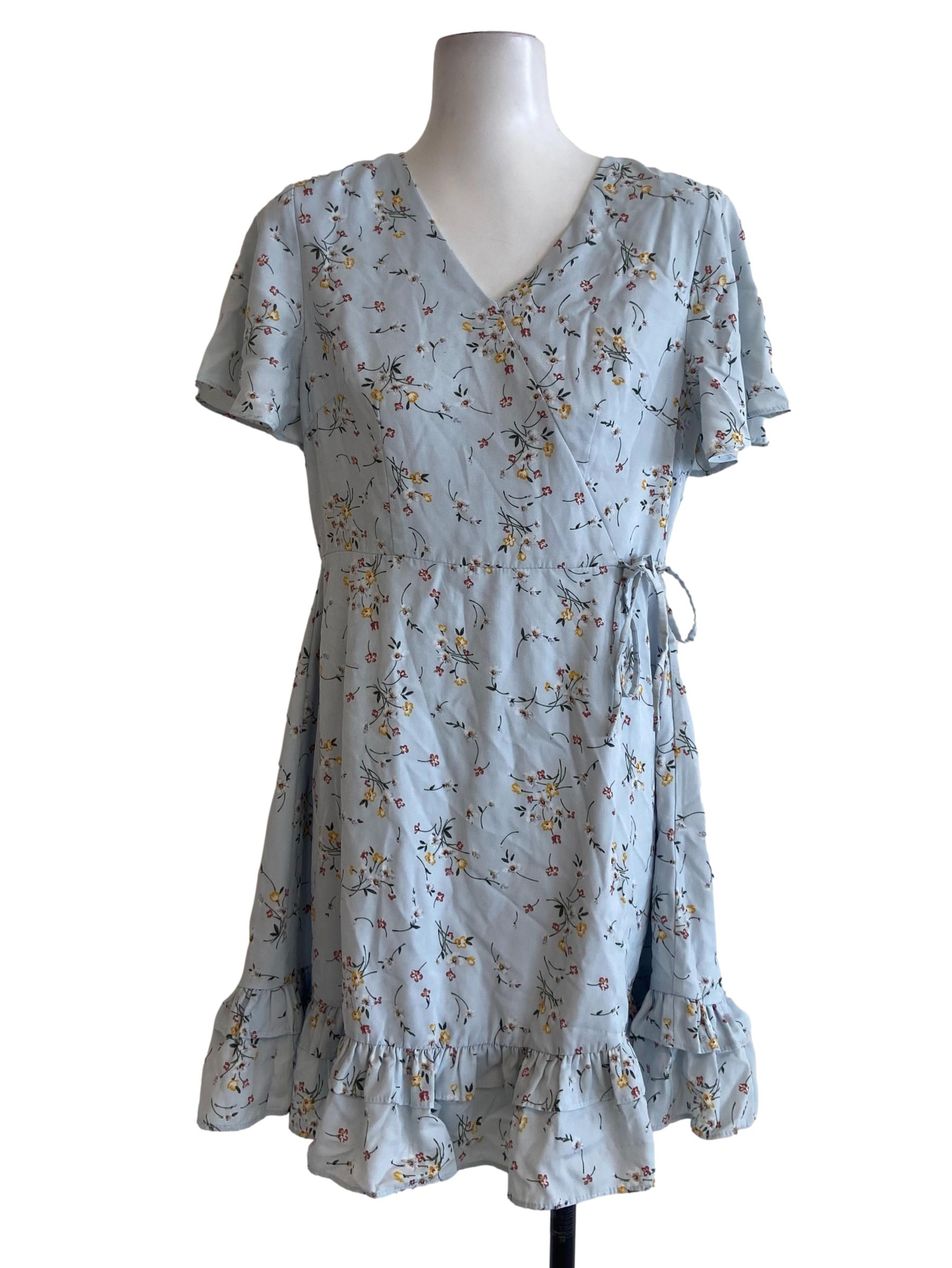 Snow  Blue & Floral V Neck Drop Waist Dress