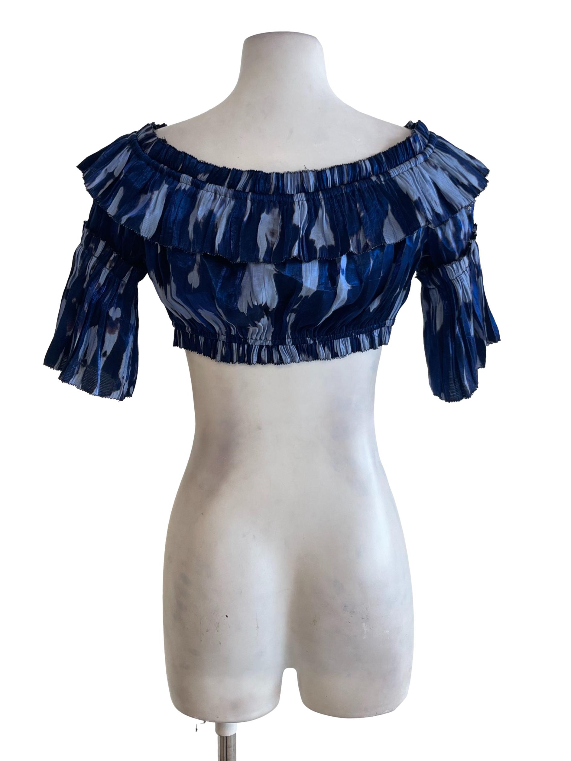 Blue Abstract Poet Sleeve Crop Top