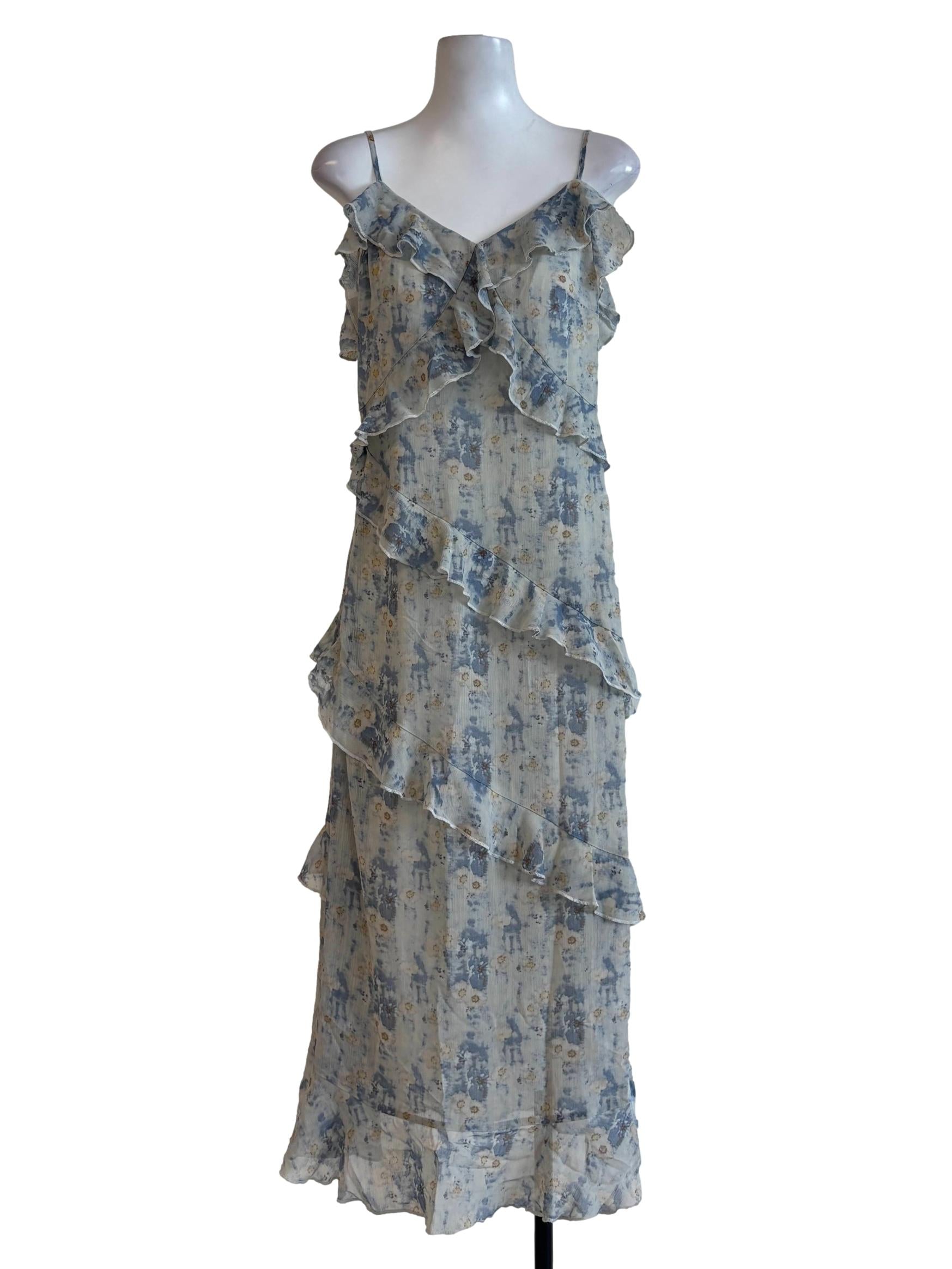 Greyish Blue Ruffle Layered Chiffon Dress