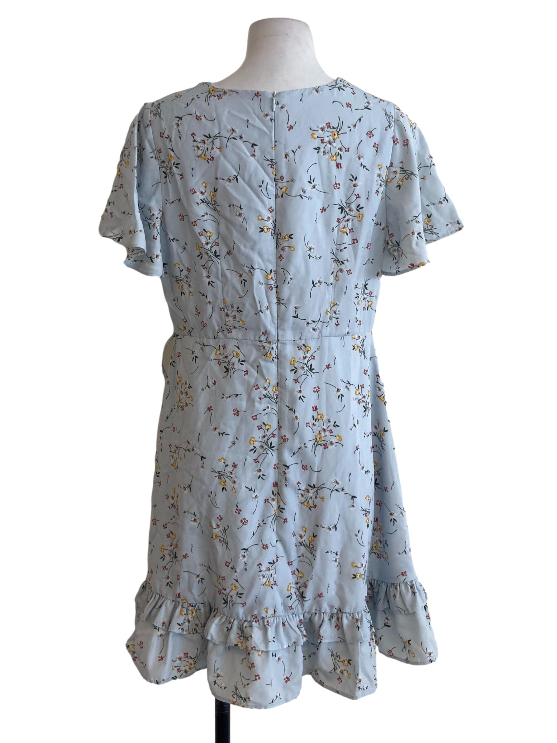 Snow  Blue & Floral V Neck Drop Waist Dress