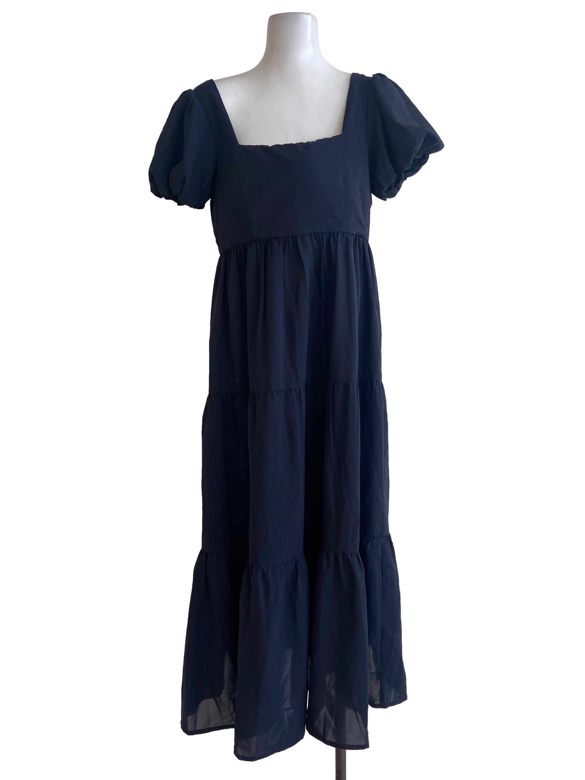 Navy Blue Square Neck Layered Dress
