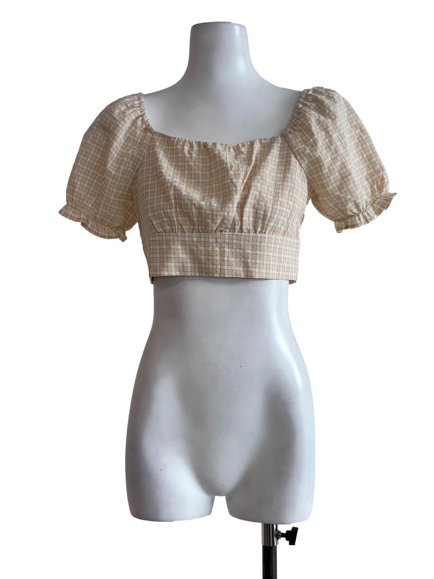 Beige Plaid Crop Doll Top