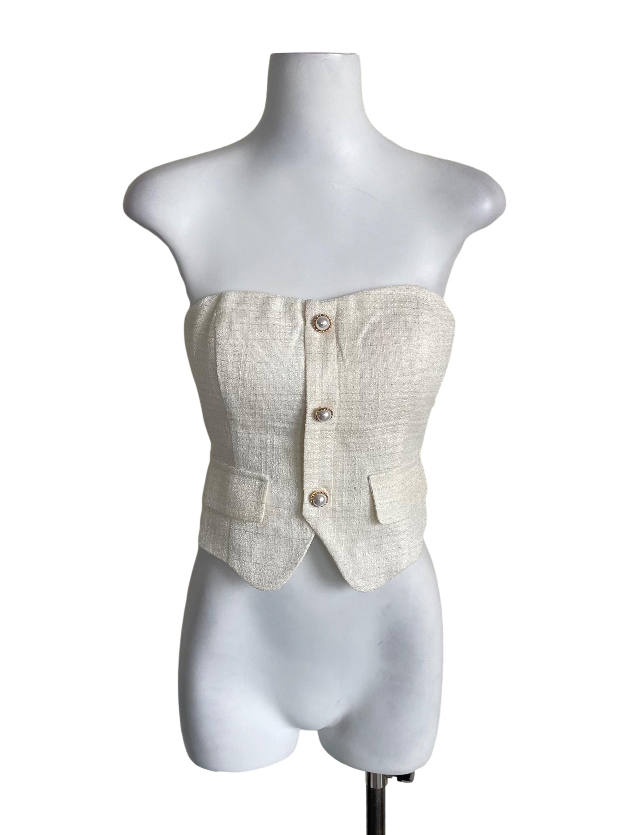 Off White Pearls Strapless Tweed Top