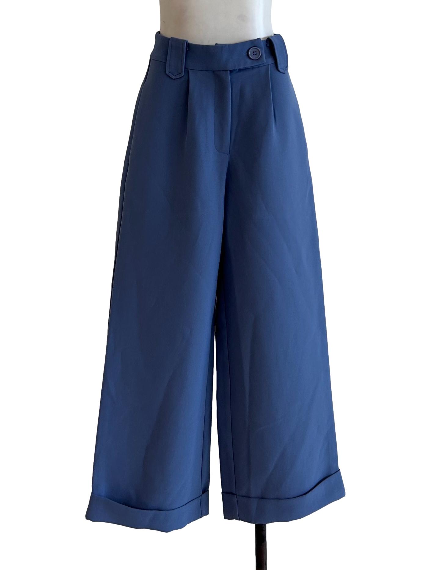 Blue Straight-Cut Turn-Up Pant