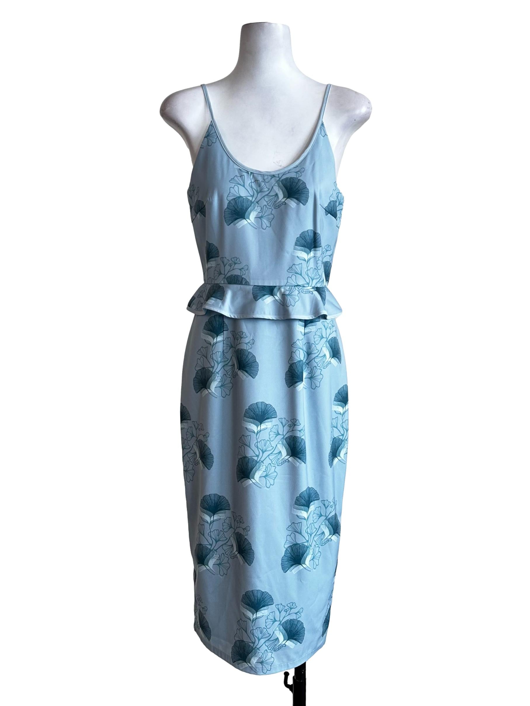 Light Blue Flower Pattern Midi Dress