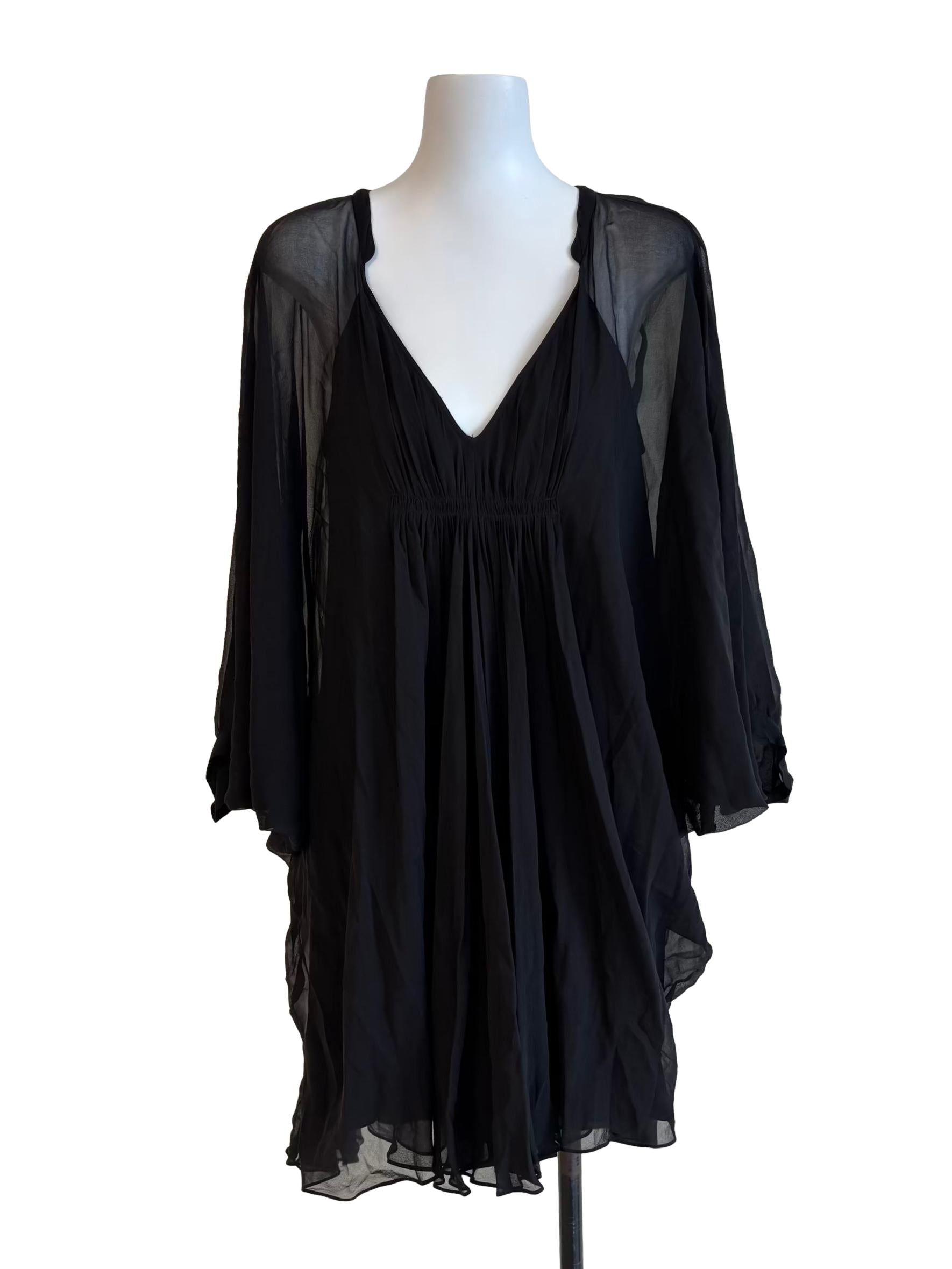 Midnight Black Sheer V Neck Flowy Dress