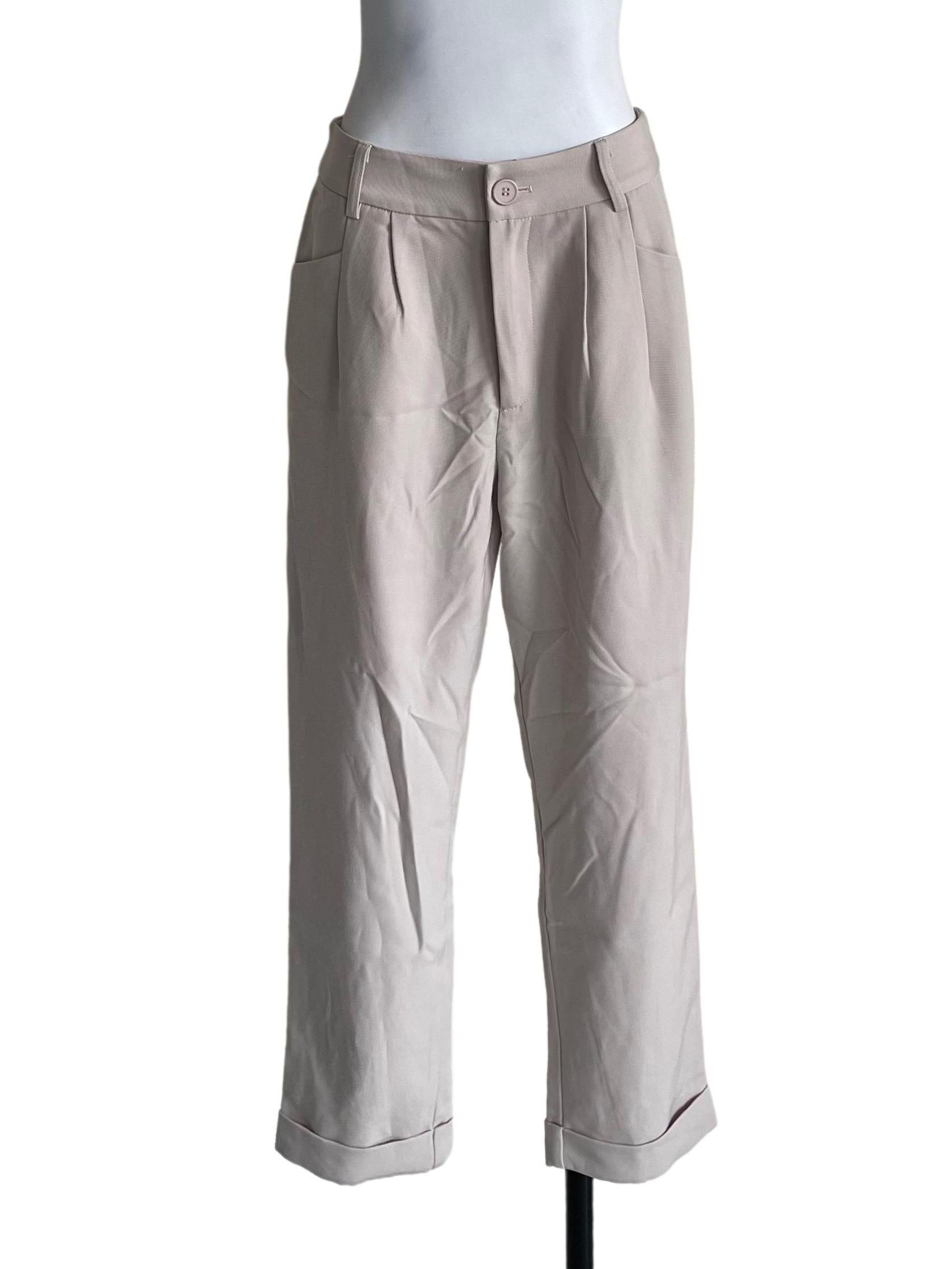 Light Beige Pleated Cuffed Pants