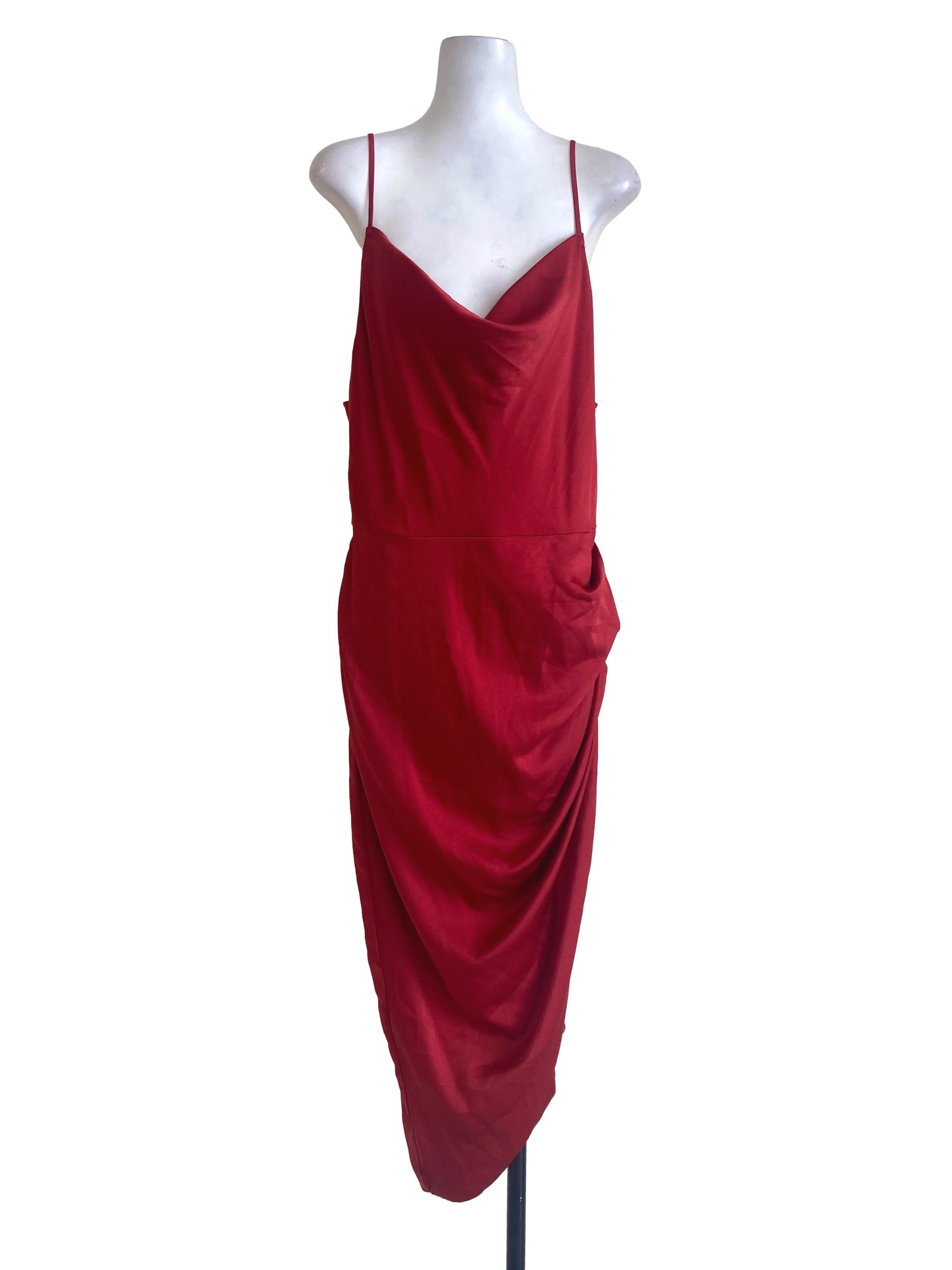 Rose Red Spaghetti Strap Silk Slit Slip Dress