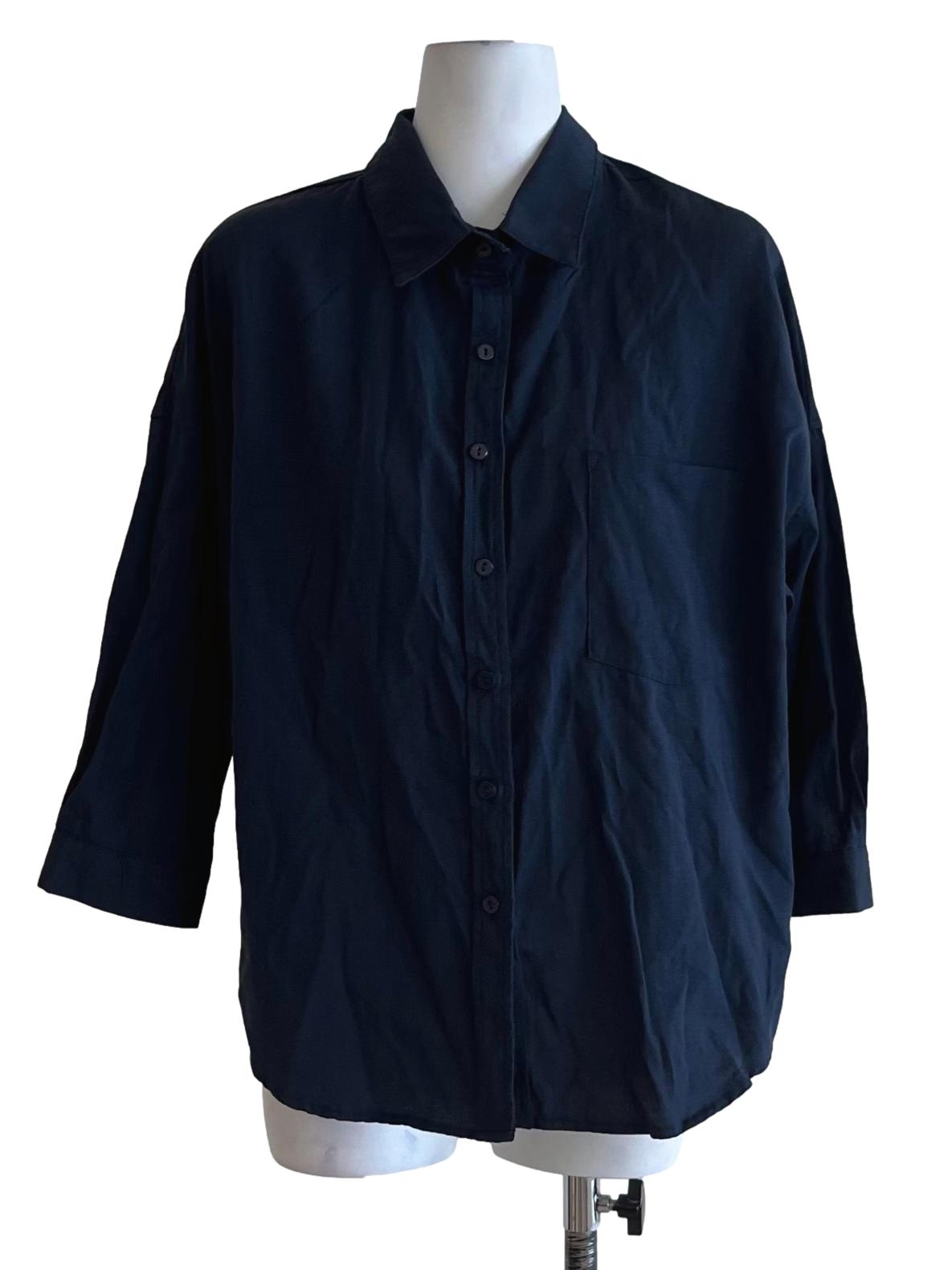 Navy Blue Wing Collar Button-Down Blouse