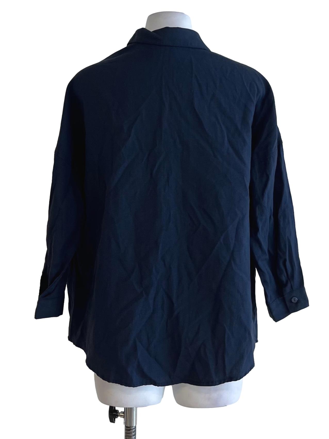 Navy Blue Wing Collar Button-Down Blouse