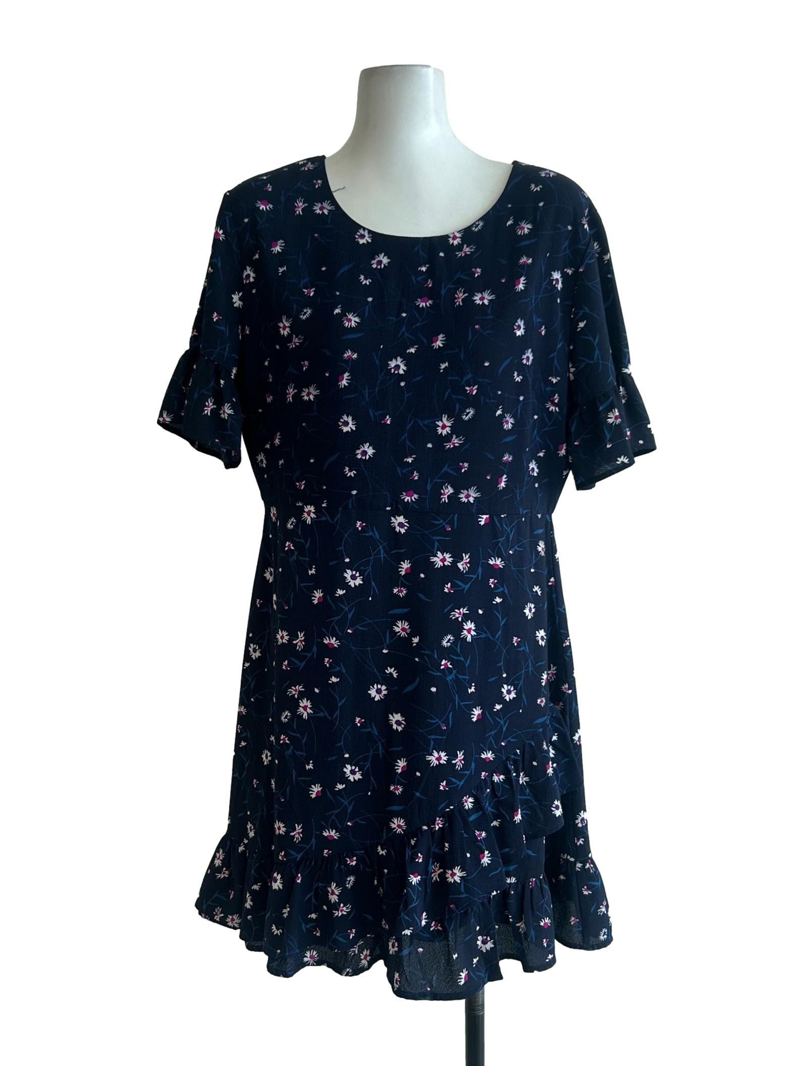 Blue Navy Floral Ruffle Hem Dress