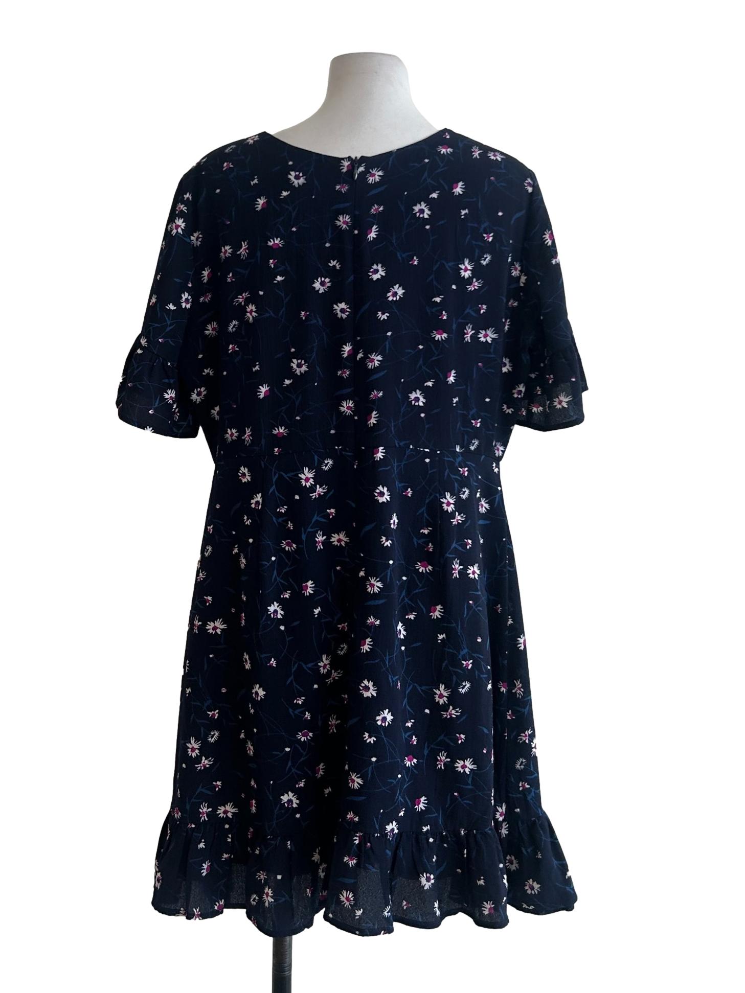 Blue Navy Floral Ruffle Hem Dress