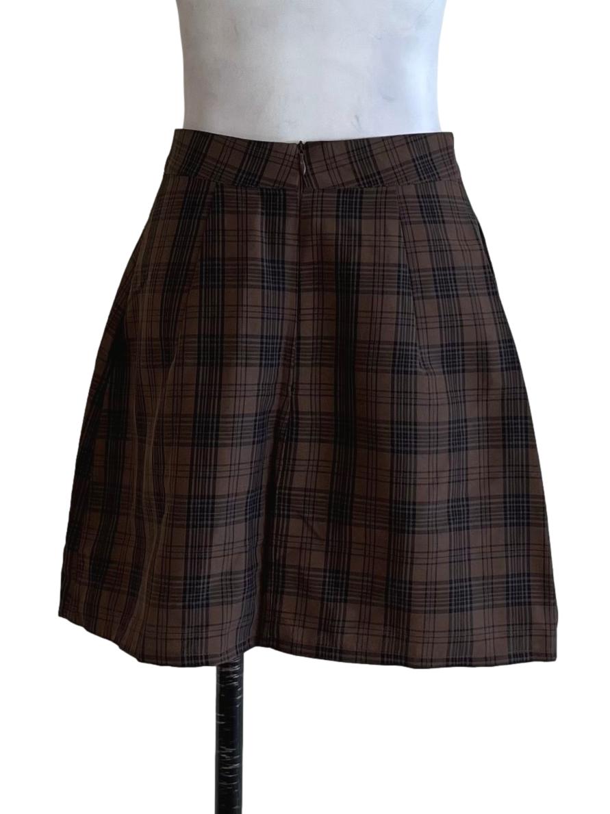 Coffee Brown Tartan Mini Skirt