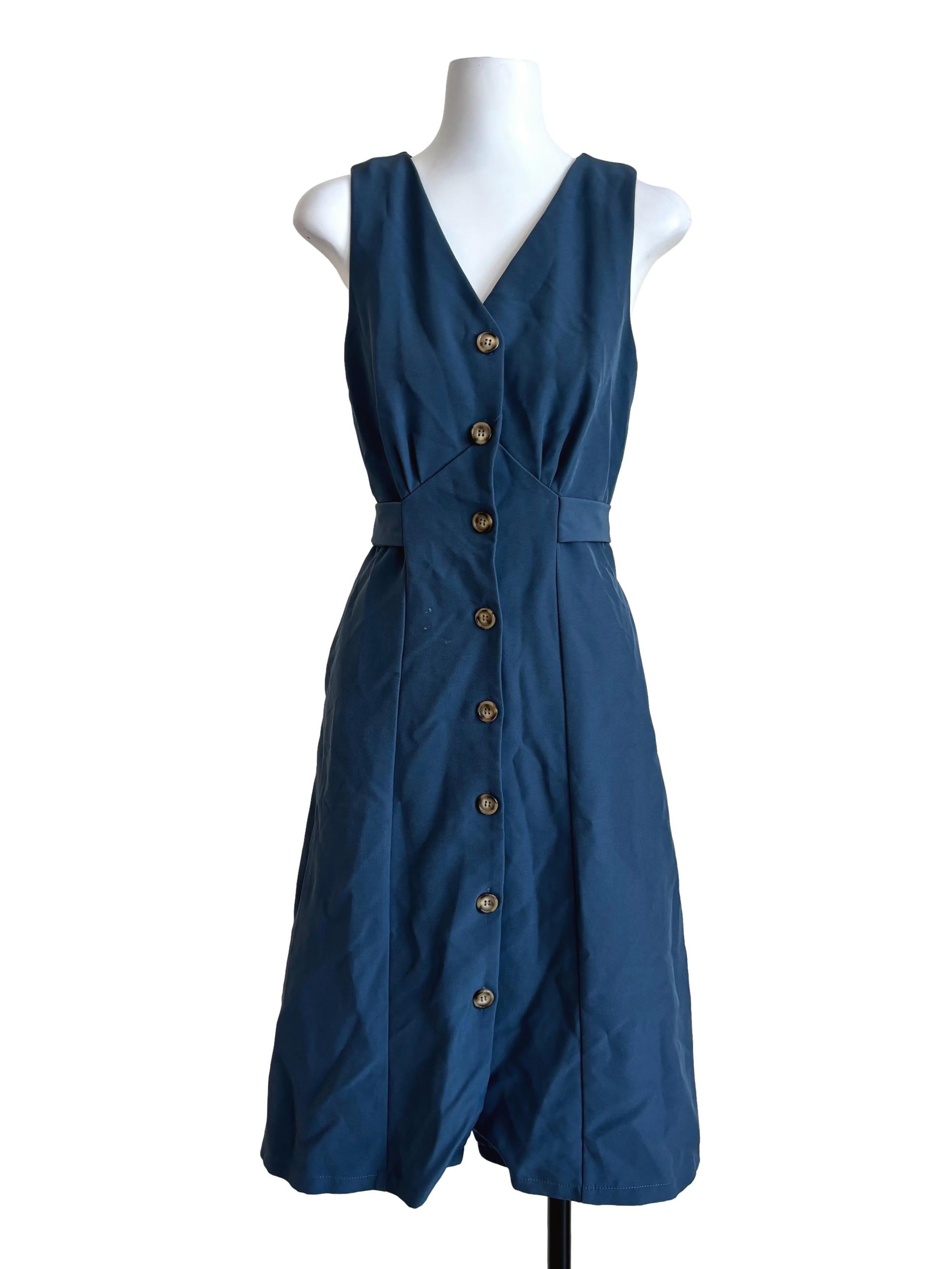 Lapis Blue Buttoned A-Line Dress